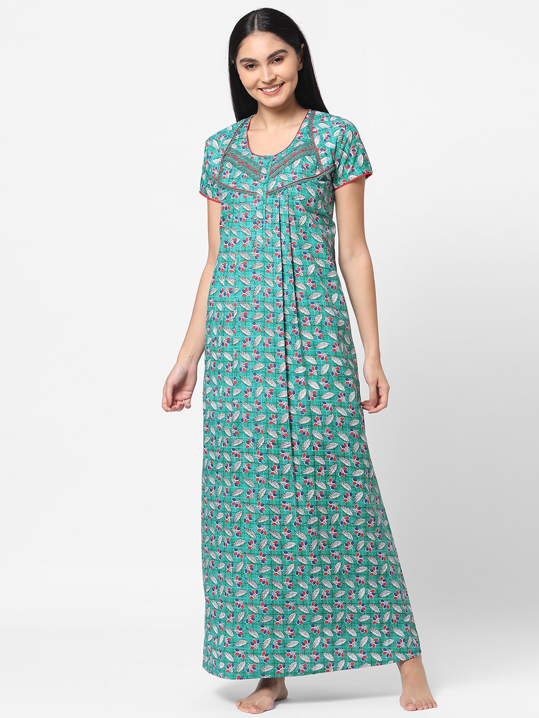 

Sweet Dreams Green & Red Floral Printed Maxi Nightdress