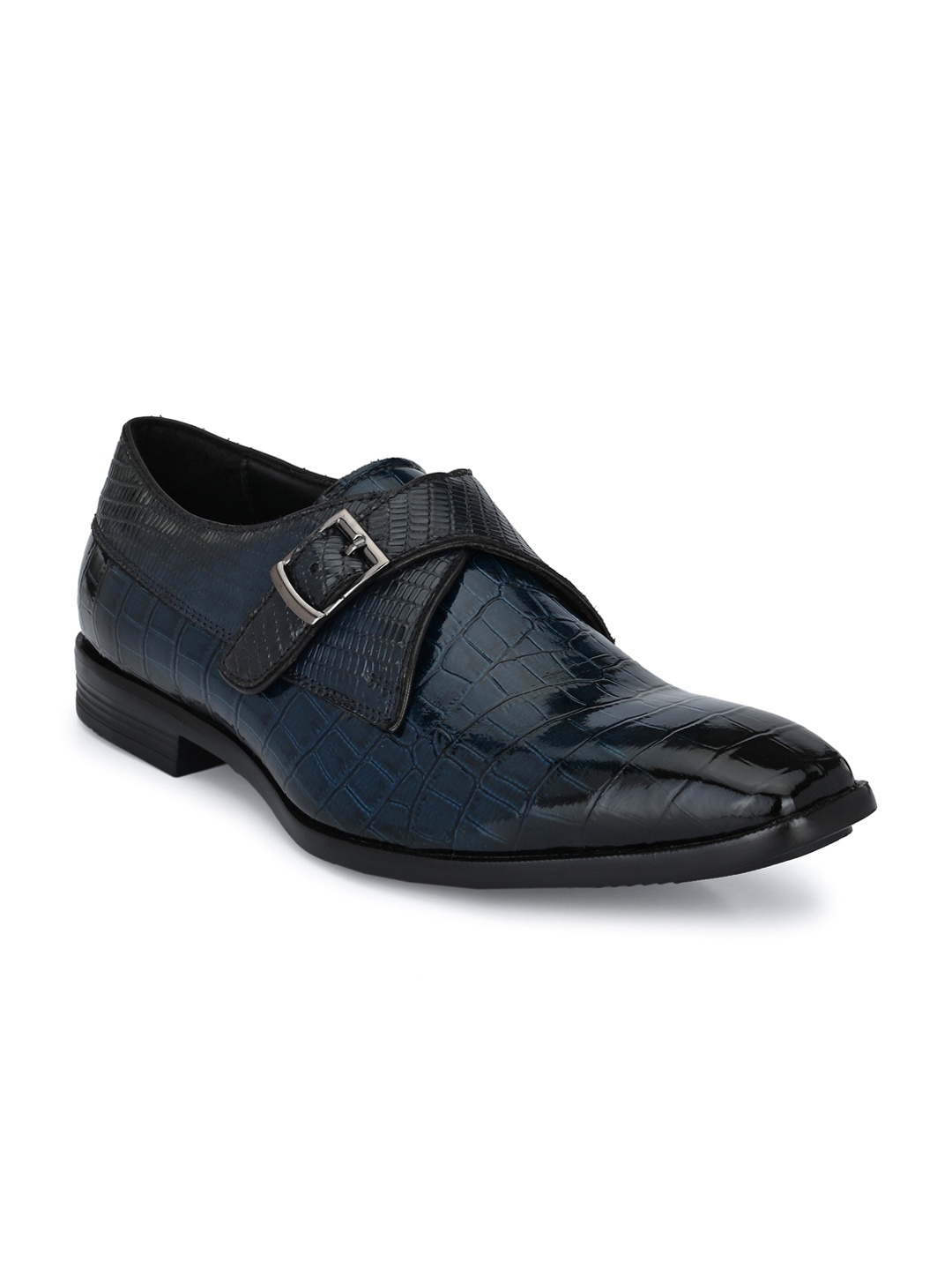 

Harrytech London Men Navy Blue Croc Textured Leather Monk Shoes
