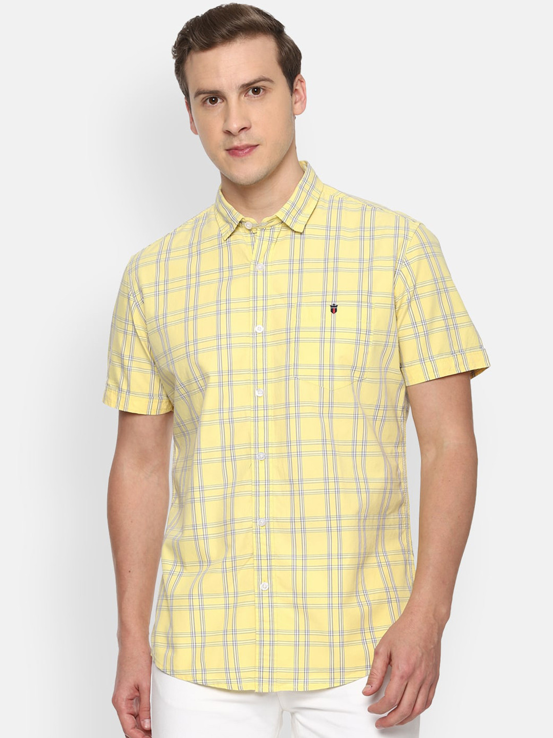 

Louis Philippe Jeans Men Yellow Slim Fit Opaque Checked Cotton Casual Shirt