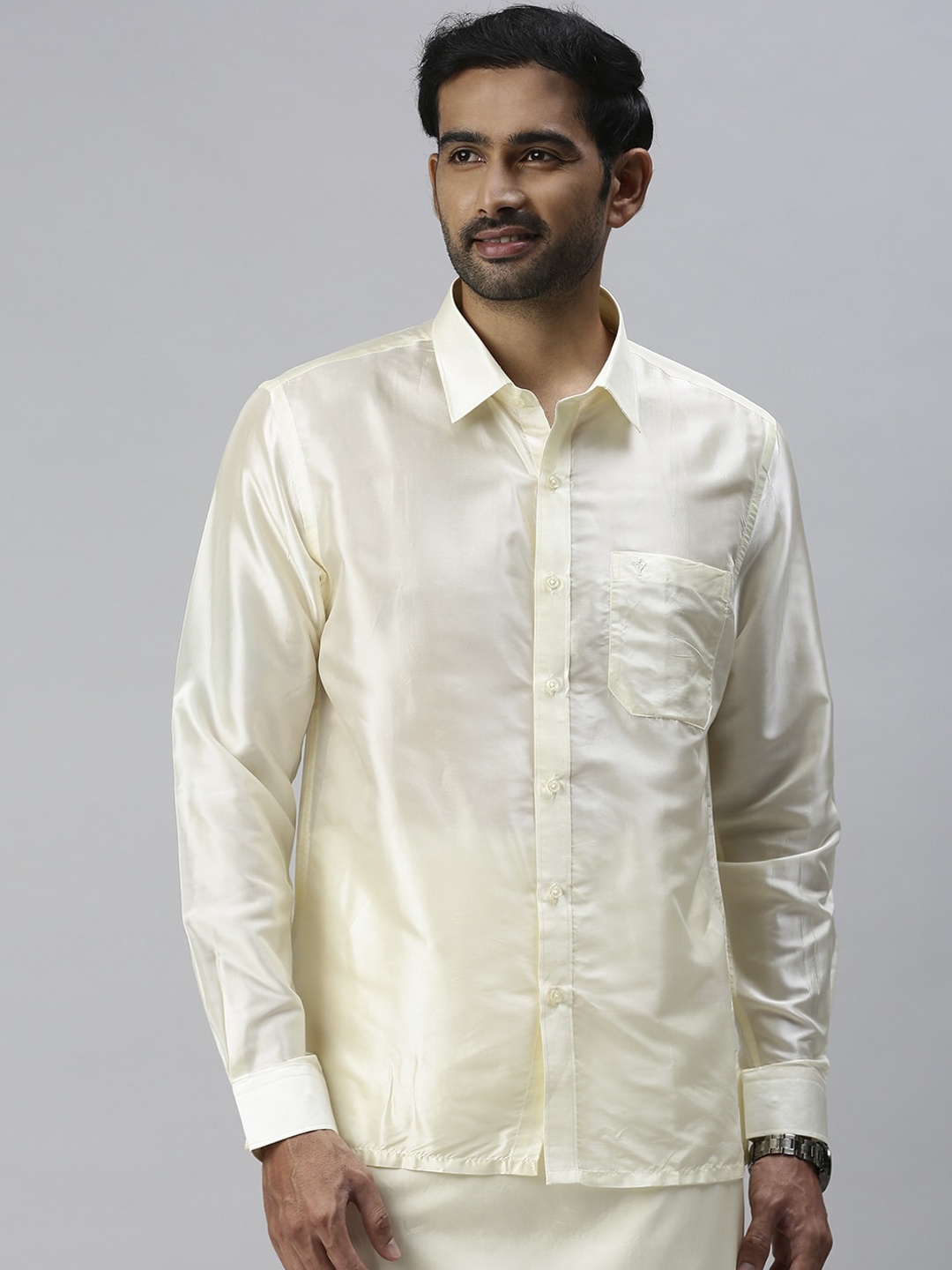 

Ramraj Solid Silk Opaque Ethnic Shirt, Cream