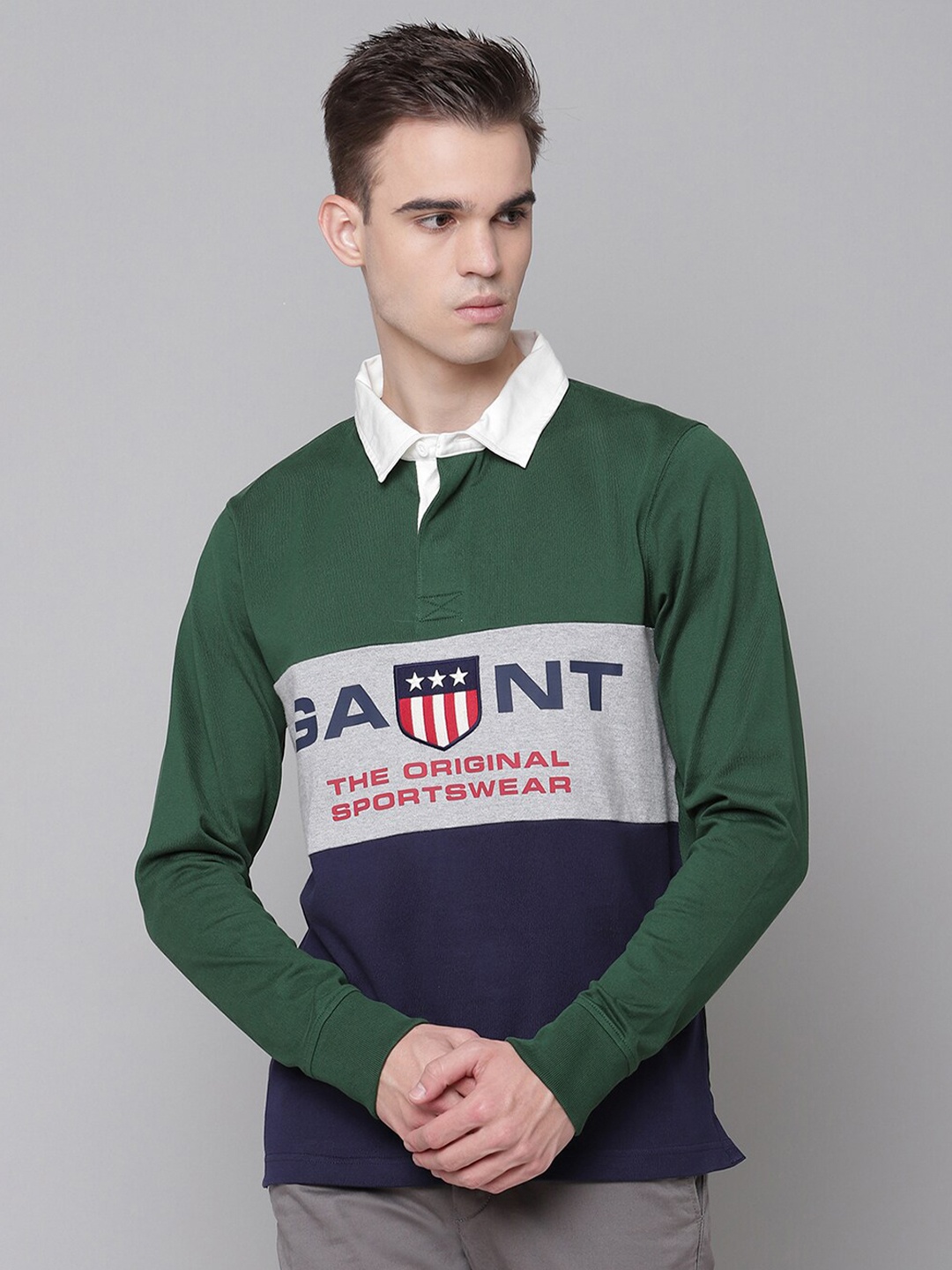 

GANT Men Green Typography Colourblocked Polo Collar T-shirt