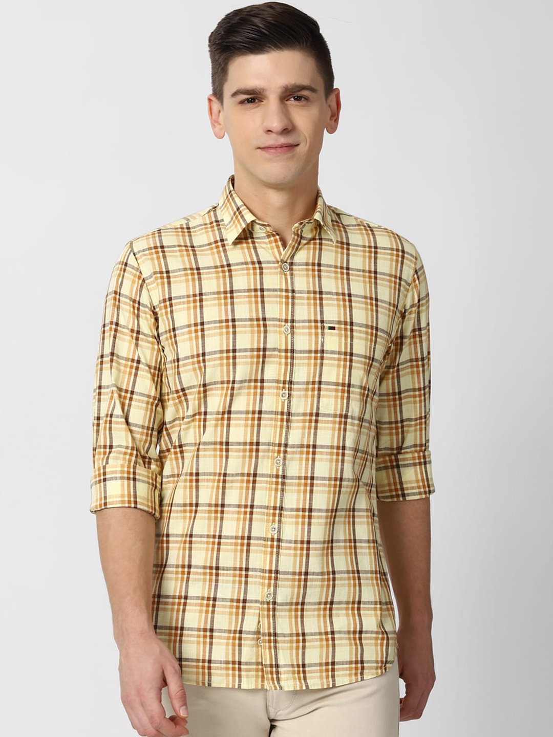 

Peter England Casuals Men Yellow Slim Fit Opaque Checked Casual Shirt