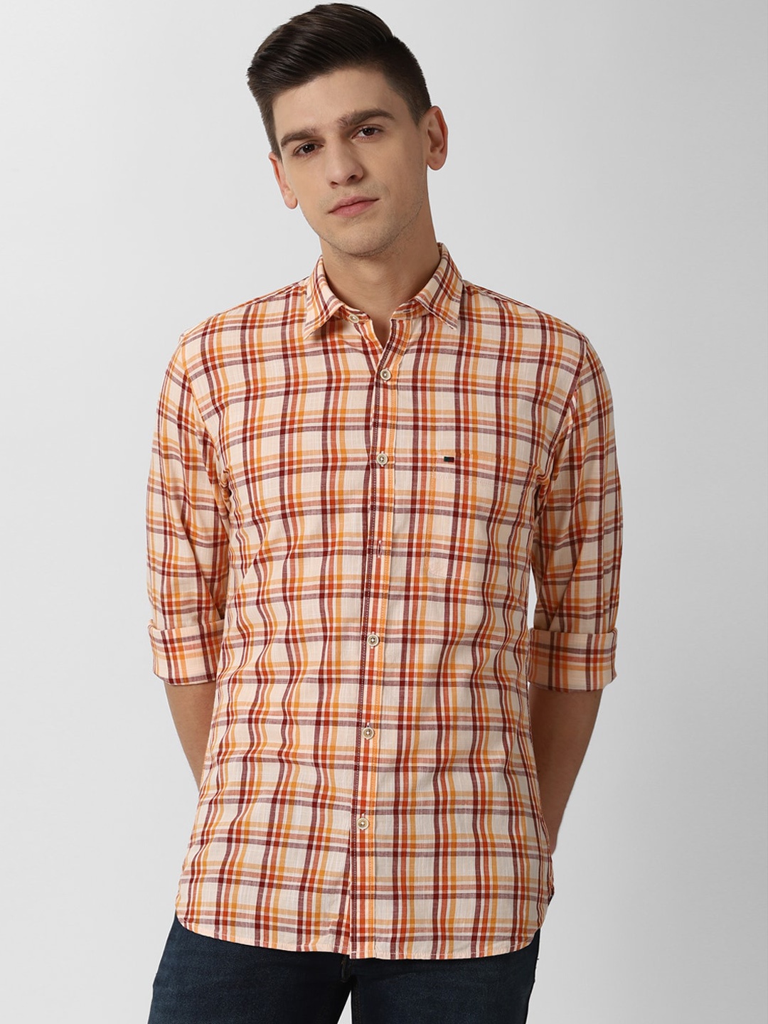 

Peter England Casuals Men Orange Slim Fit Tartan Checks Casual Shirt