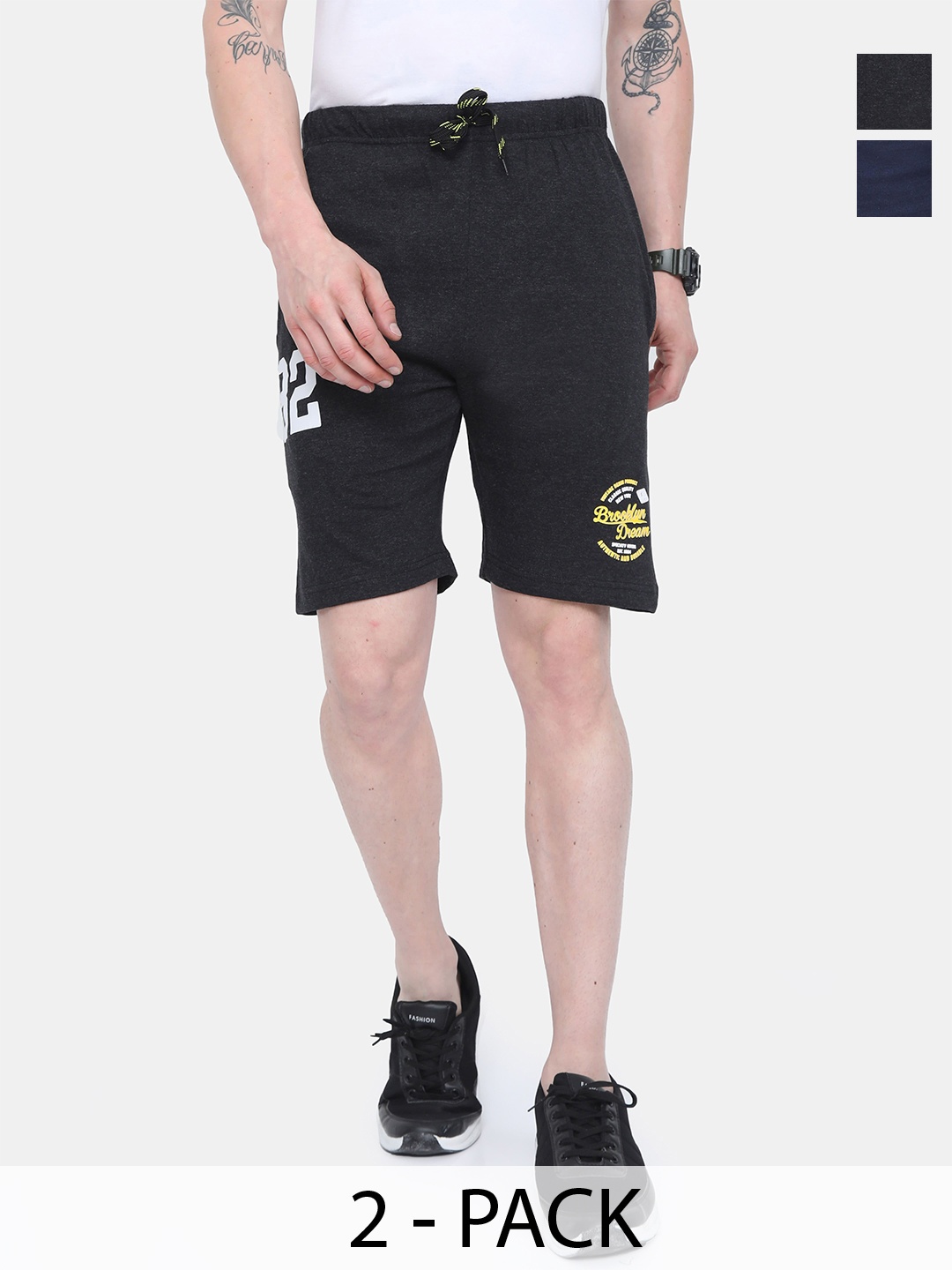 

ARDEUR Men Pack of 2 Black & Blue Training or Gym Sports Cotton Shorts
