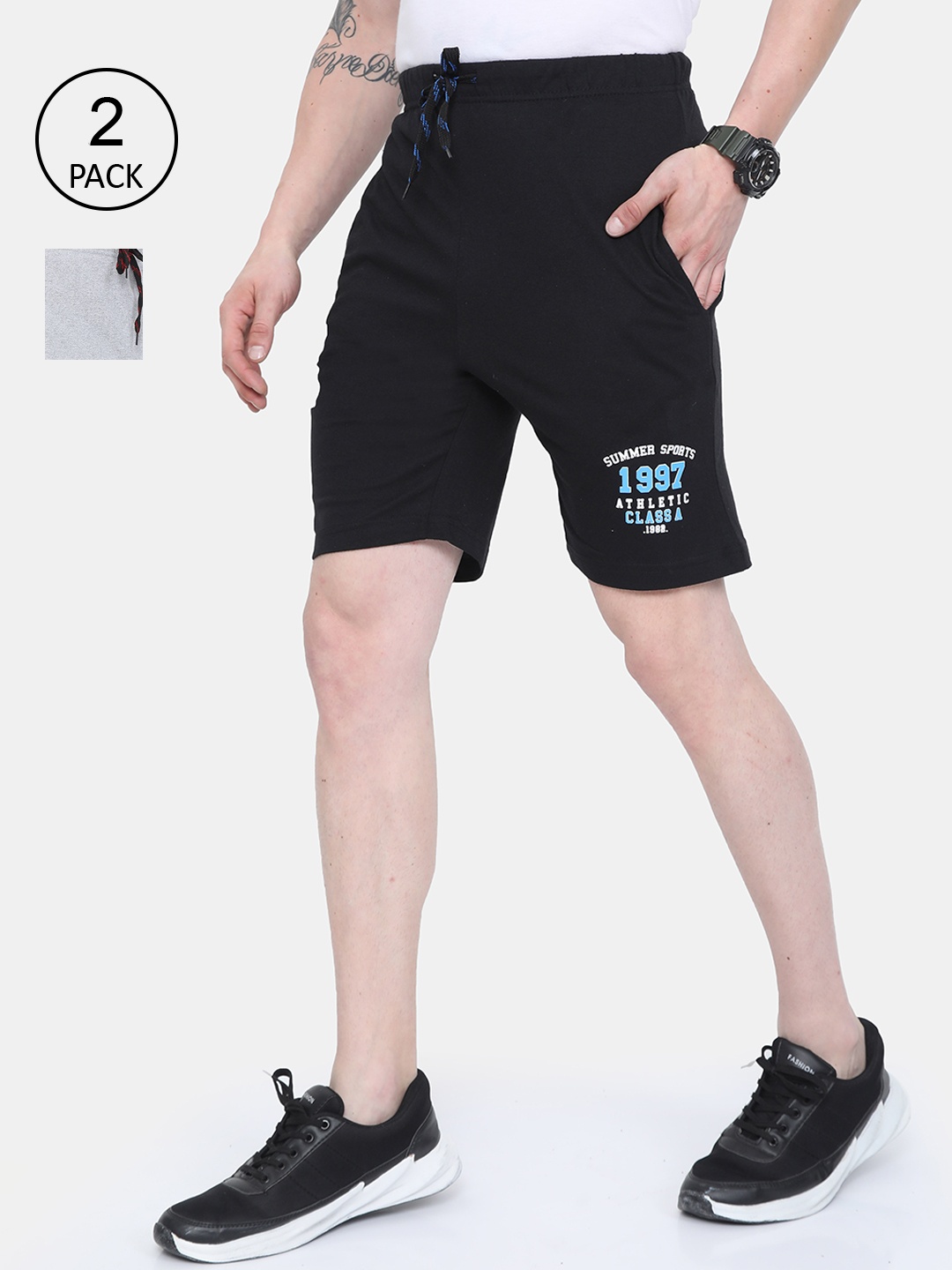 ARDEUR Men Grey Melange & Black Printed Training or Gym Regular Shorts
