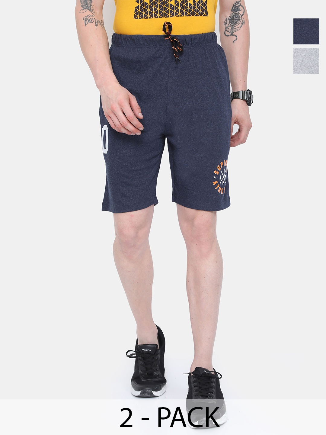 

ARDEUR Men Pack of 2 Blue & Grey Melange Training or Gym Cotton Regular Shorts