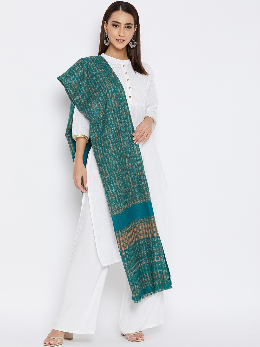 

VERO AMORE Women Teal Blue & Beige Paisley Woven Design Jacquard Shawl