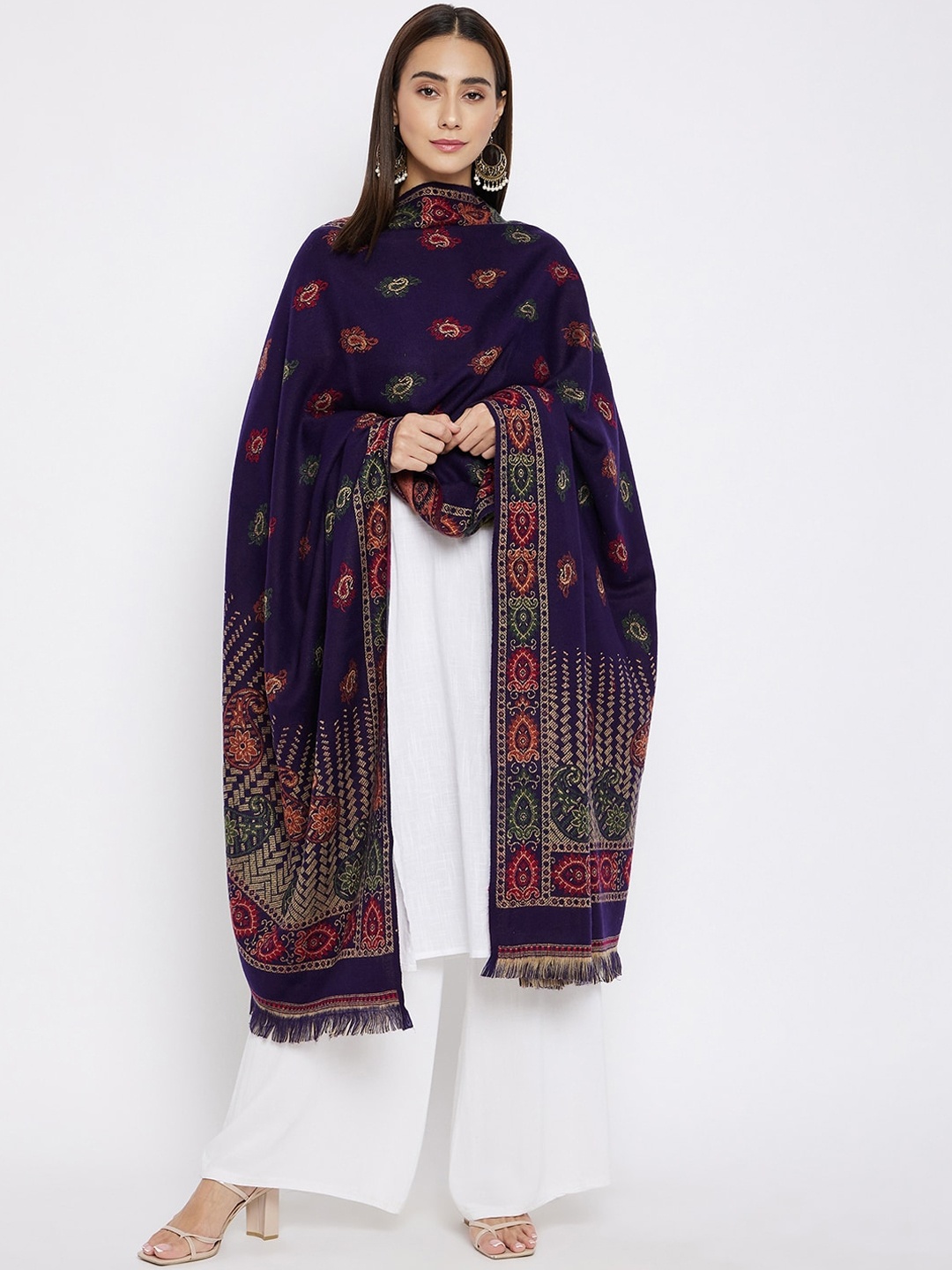 

VERO AMORE Women Navy Blue & Orange Woven-Design Jacquard Shawl