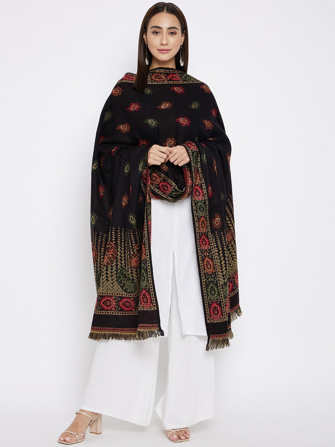 

VERO AMORE Women Black & Red Woven-Design Jacquard Shawl