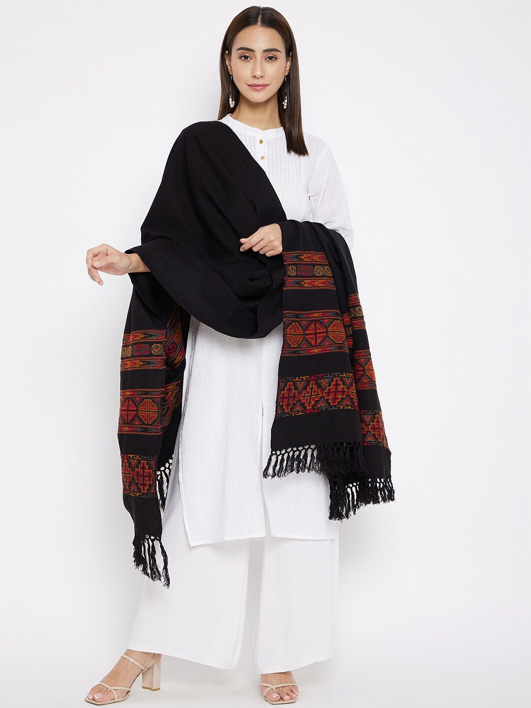 

VERO AMORE Women Black & Orange Woven-Design Jacquard Kullu Shawl