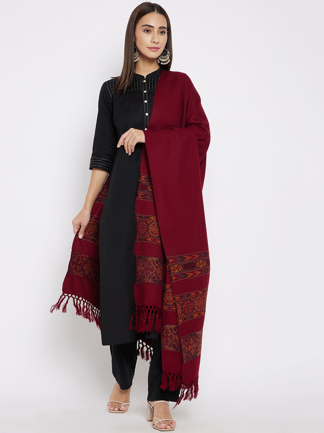 

VERO AMORE Women Maroon & Orange Woven-Design Jacquard Kullu Shawl