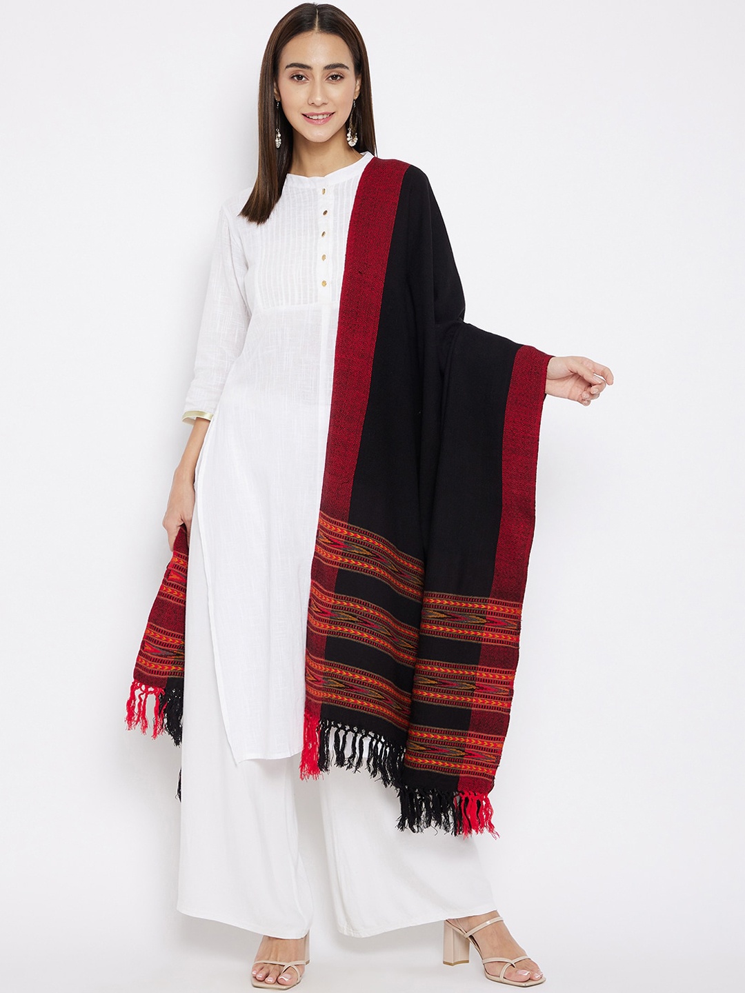 

VERO AMORE Women Black & Red Woven-Design Jacquard Kullu Shawl