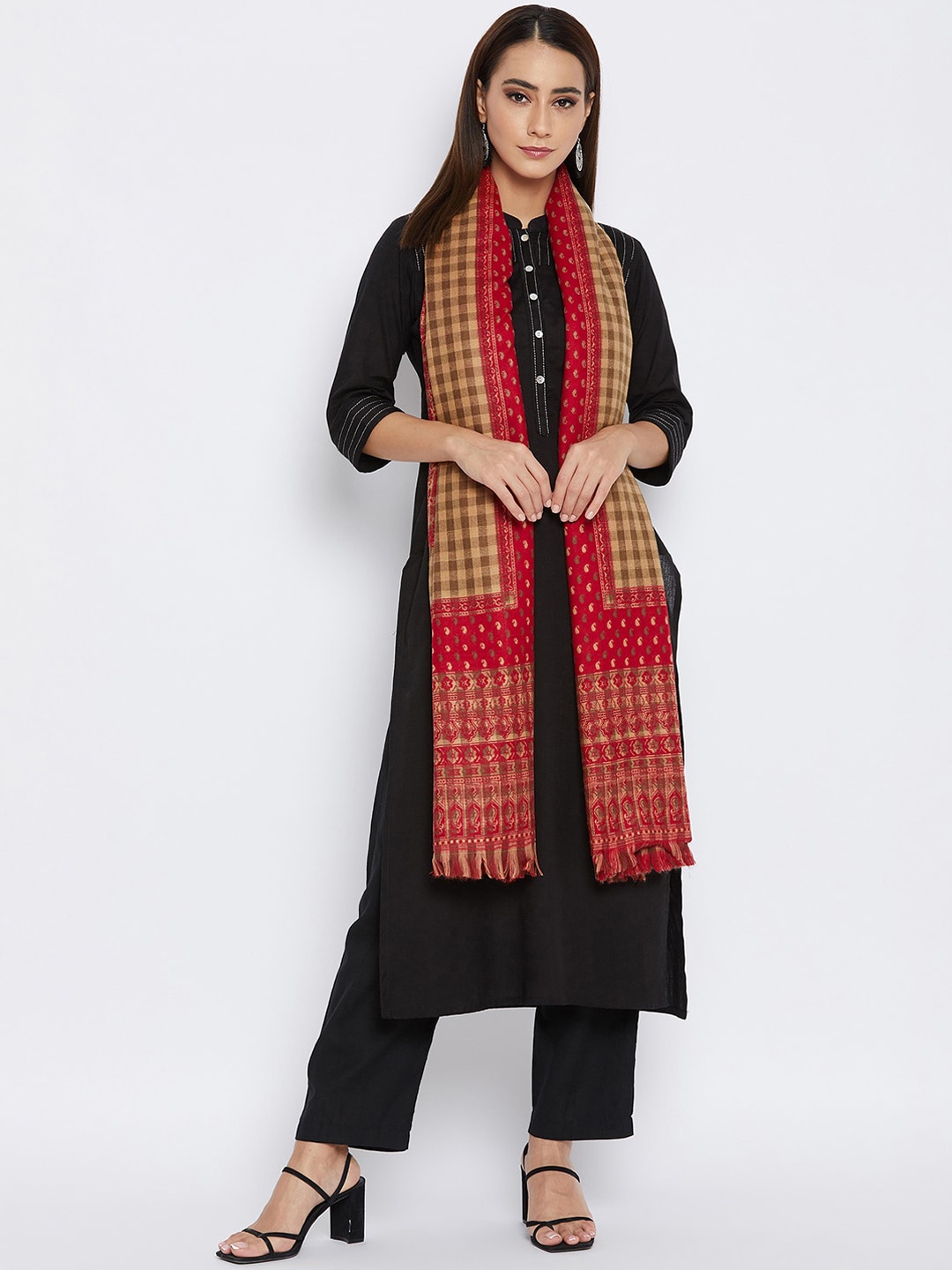 

VERO AMORE Women Maroon & Beige Woven-Design Jacquard Shawl