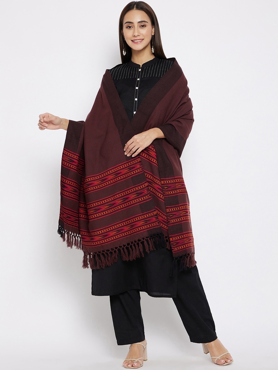 

VERO AMORE Women Brown & Maroon Woven Design Jacquard Kullu Shawl