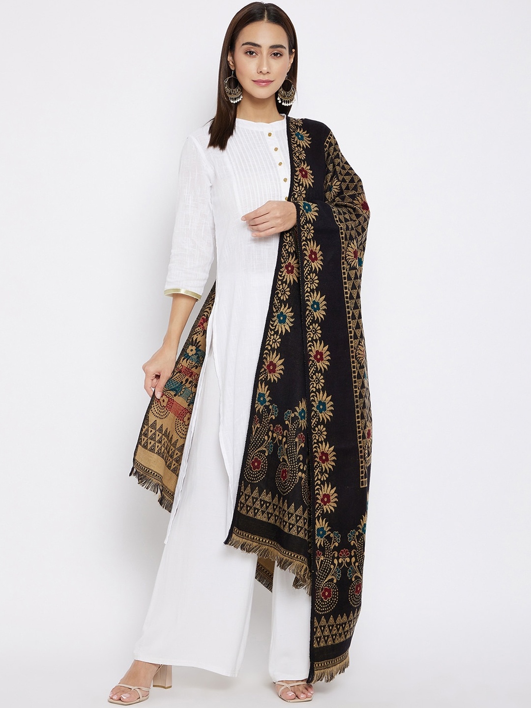 

VERO AMORE Women Black & Beige Woven-Design Jacquard Kullu Shawl