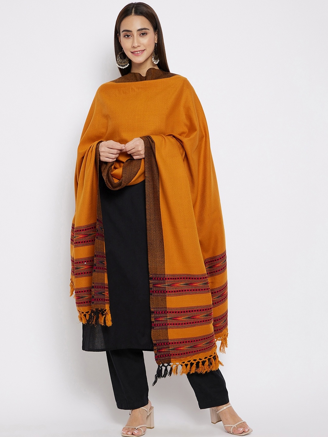 

VERO AMORE Women Yellow & Red Striped Jacquard Kullu Shawl