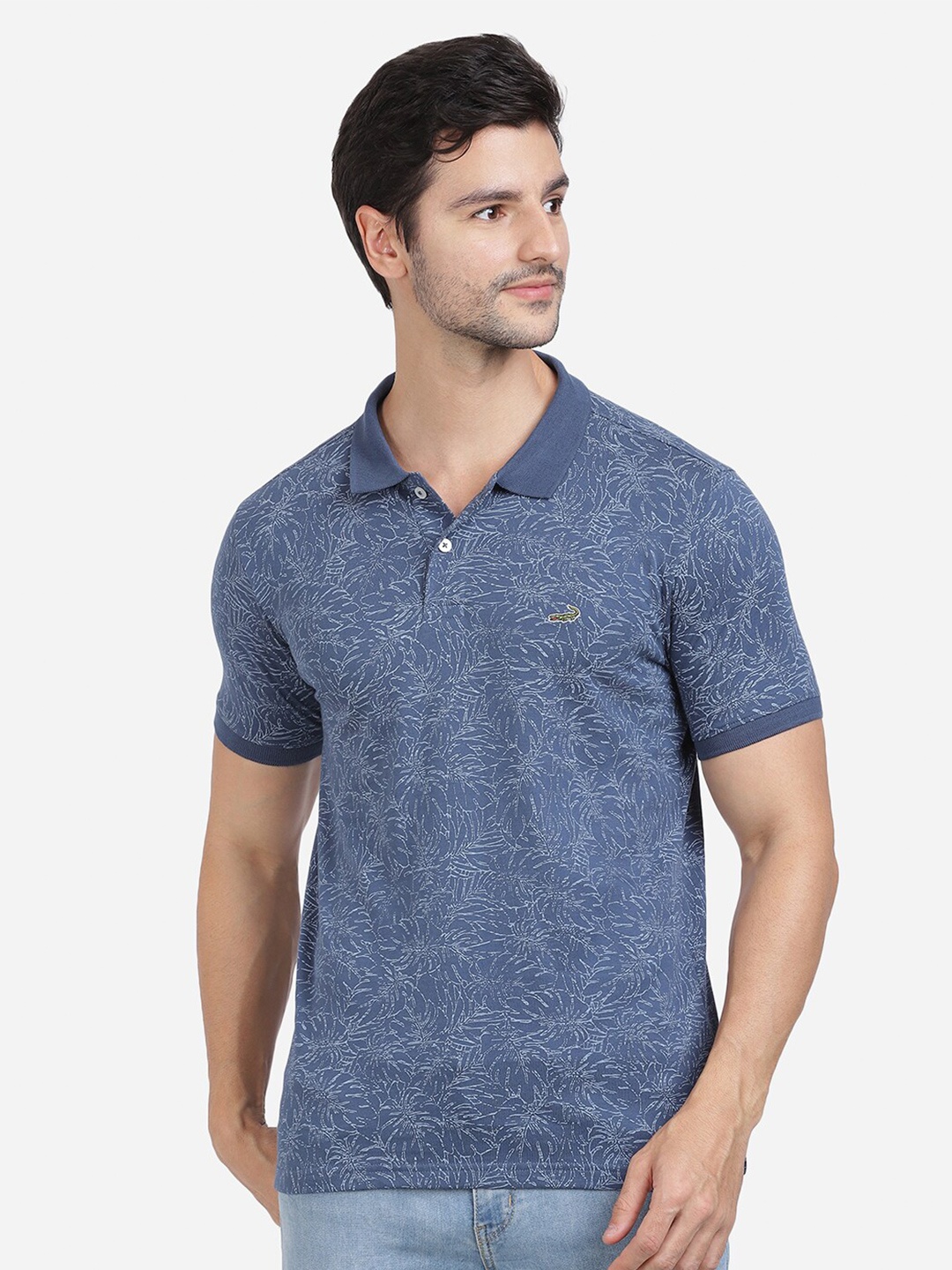 

Crocodile Men Blue Printed Polo Collar Tropical Pockets Slim Fit Cotton T-shirt