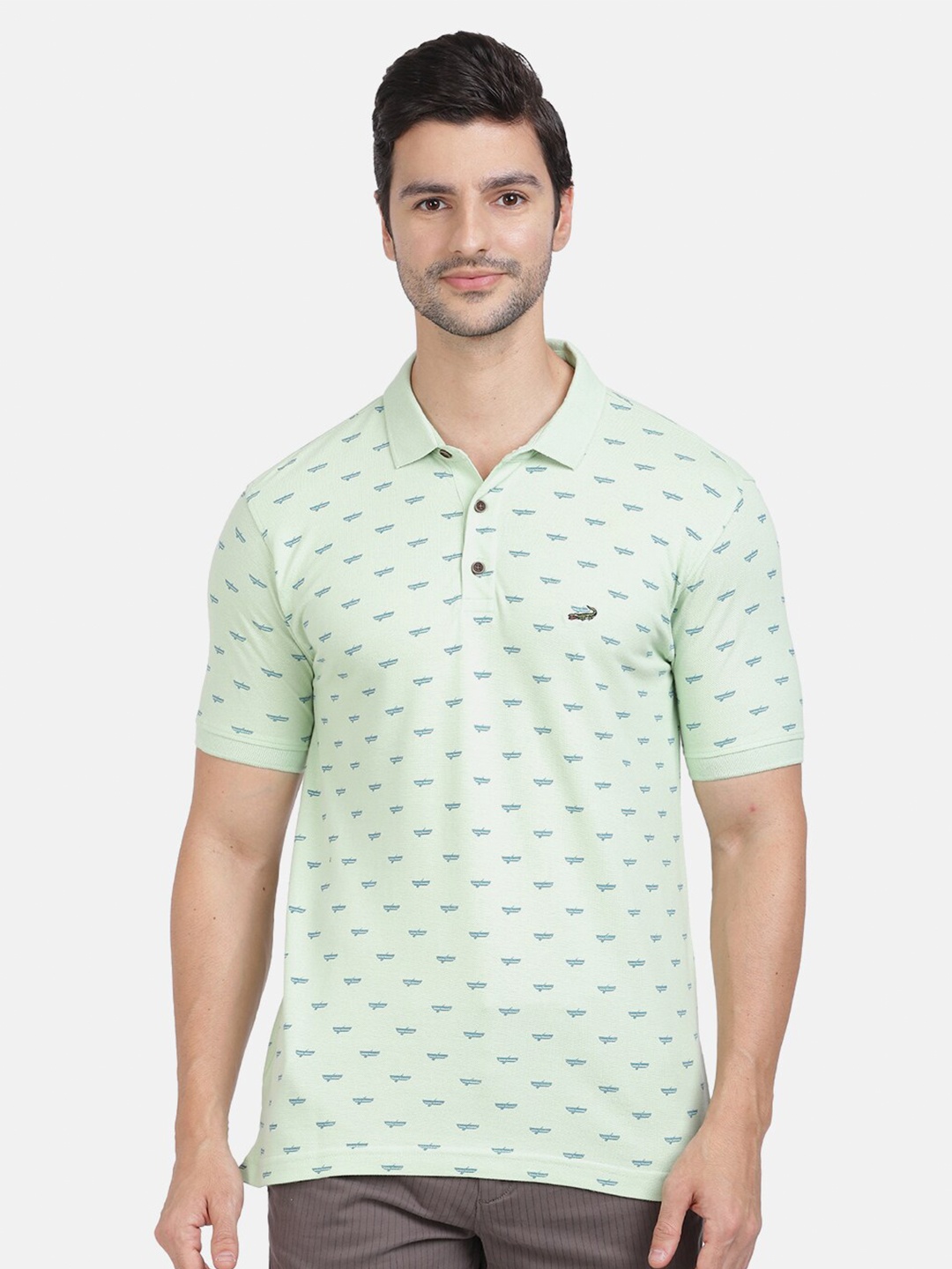 

Crocodile Men Sea Green Printed Polo Collar Slim Fit T-shirt