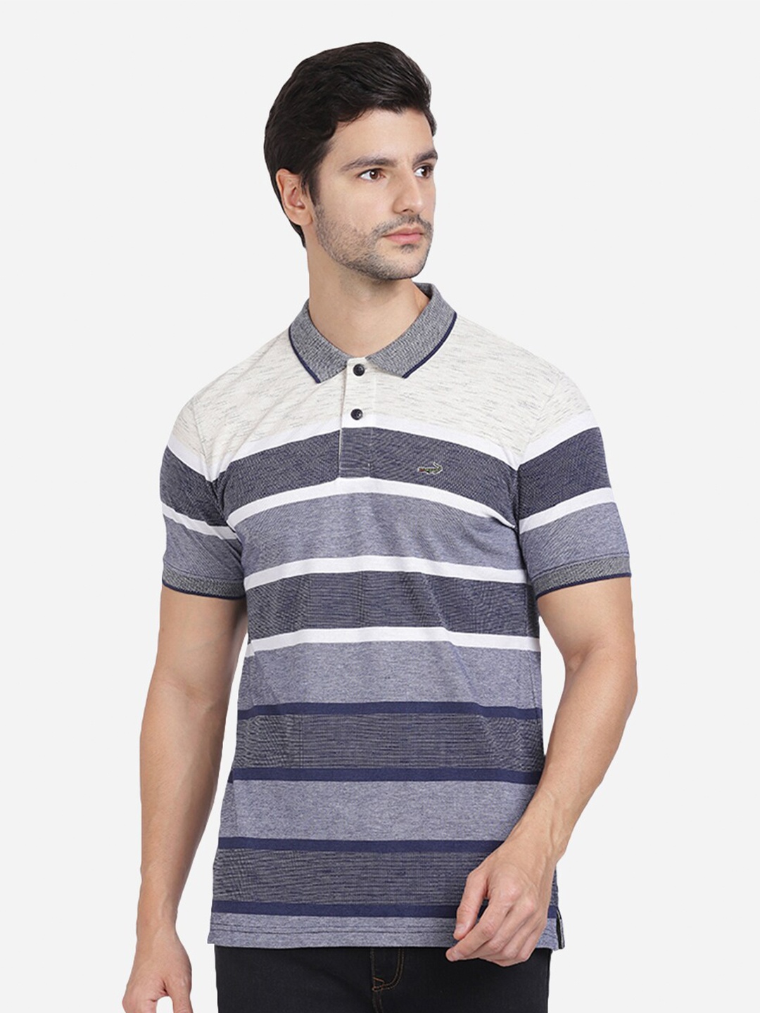 

Crocodile Men Blue & crown blue Striped Polo Collar Slim Fit T-shirt
