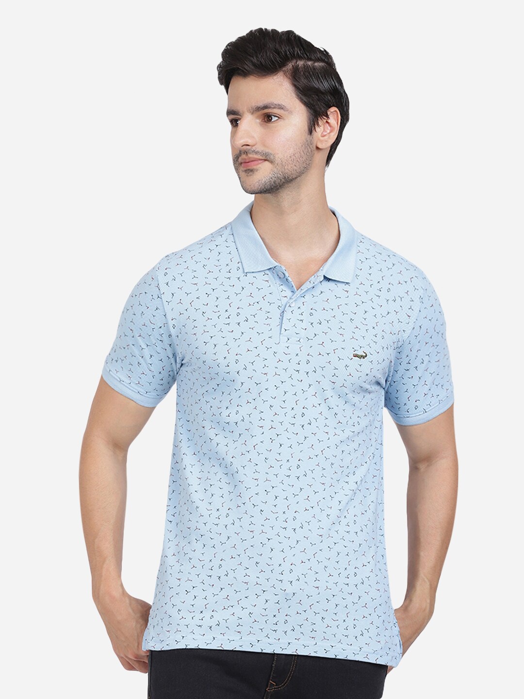 

Crocodile Men Blue Printed Polo Collar Pockets Slim Fit T-shirt