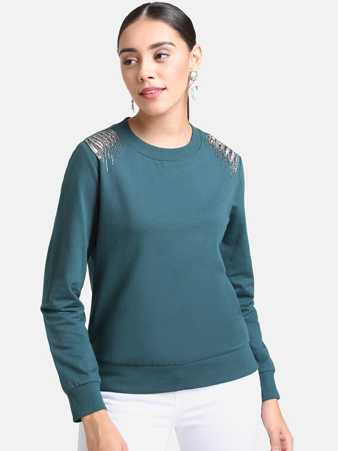 

Kazo Women Green Shoulder Embellished Cotton Pullover Sweatshirt