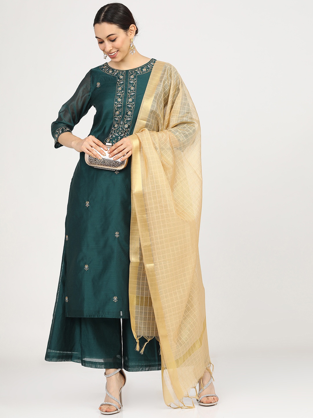 

Vishudh Women Olive Green Embroidered Chanderi Cotton Kurta& Palazzos & Dupatta