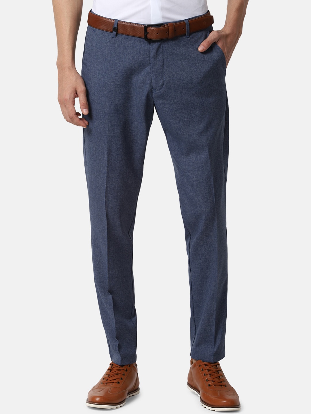 Louis Philippe Sport Men Navy Blue Textured Slim Fit Formal Trousers