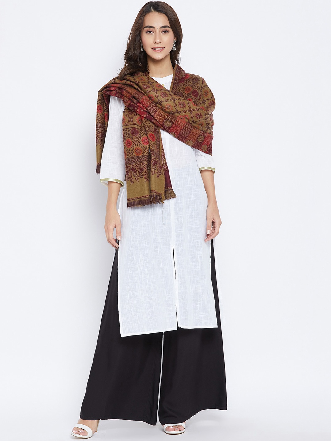 

VERO AMORE Women Camel-Brown & Maroon Woven Design Jacquard Shawl