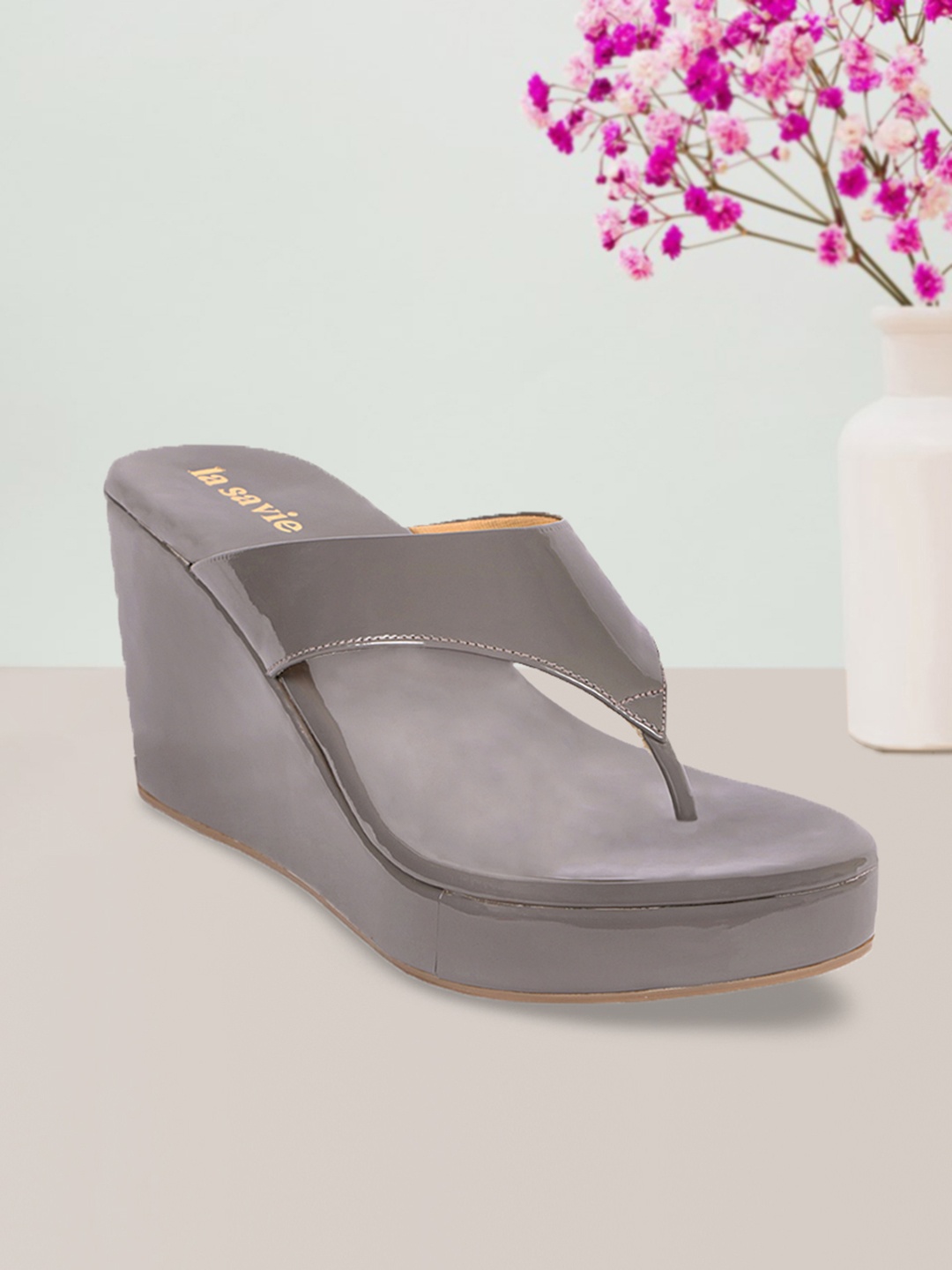 

LA SAVIE Grey Party High-Top Wedge Sandals