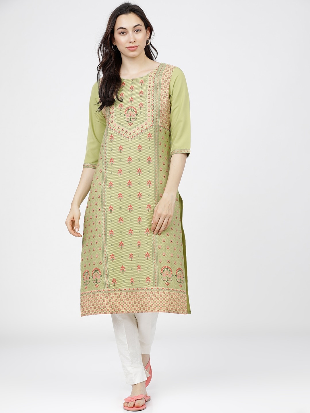 

KETCH Women Green Geometric Checked Keyhole Neck Gotta Patti Kurta