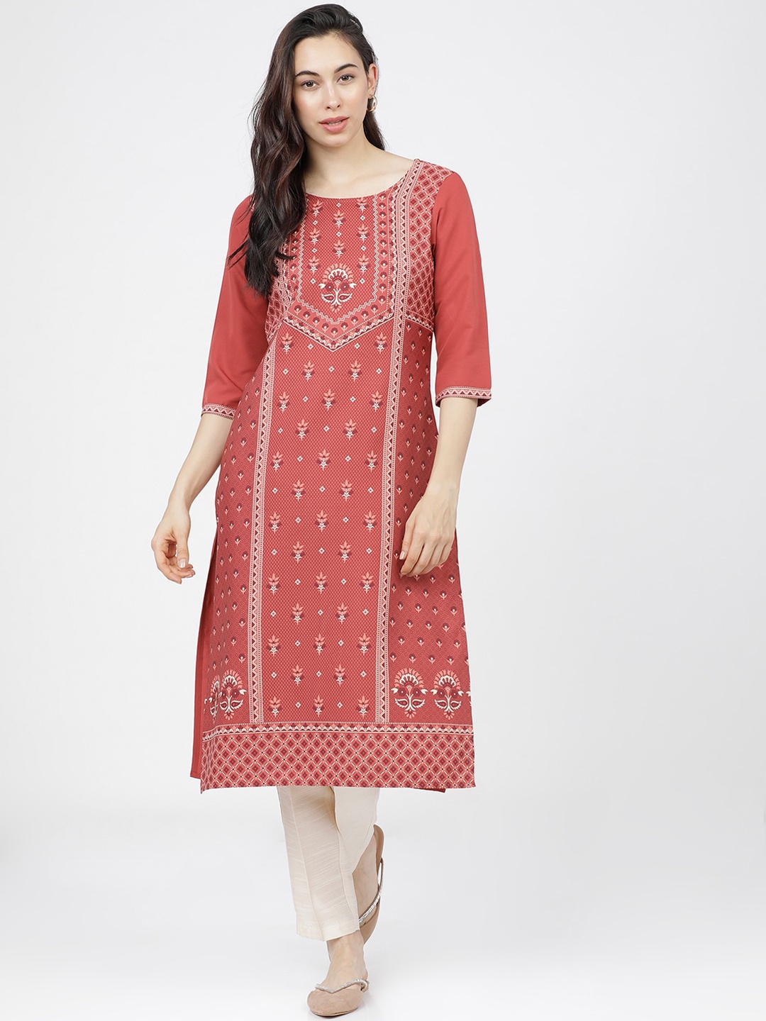 

KETCH Women Rust Ethnic Motifs Embroidered Keyhole Neck Mirror Work Kurta