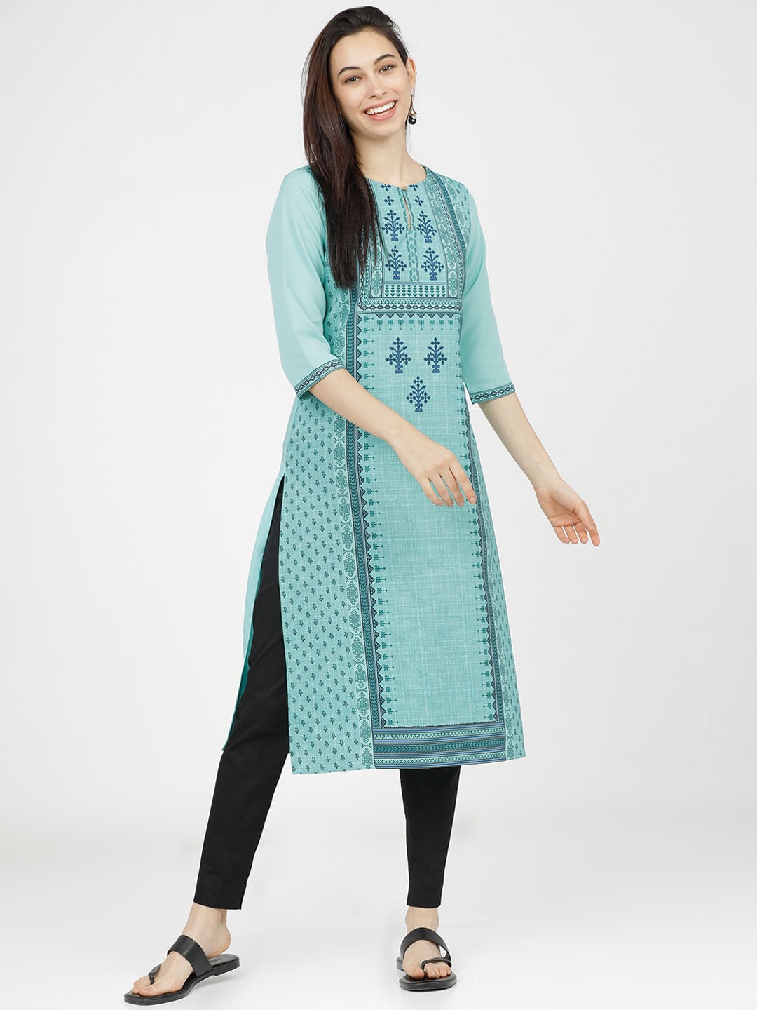 

KETCH Women Blue & Turquoise Blue Ethnic Motifs Printed Keyhole Neck Kurta