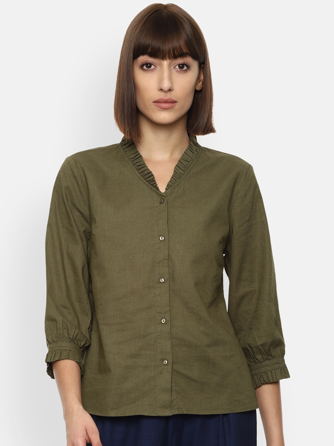 

Van Heusen Woman Women Olive Green Opaque Cotton Linen Casual Shirt