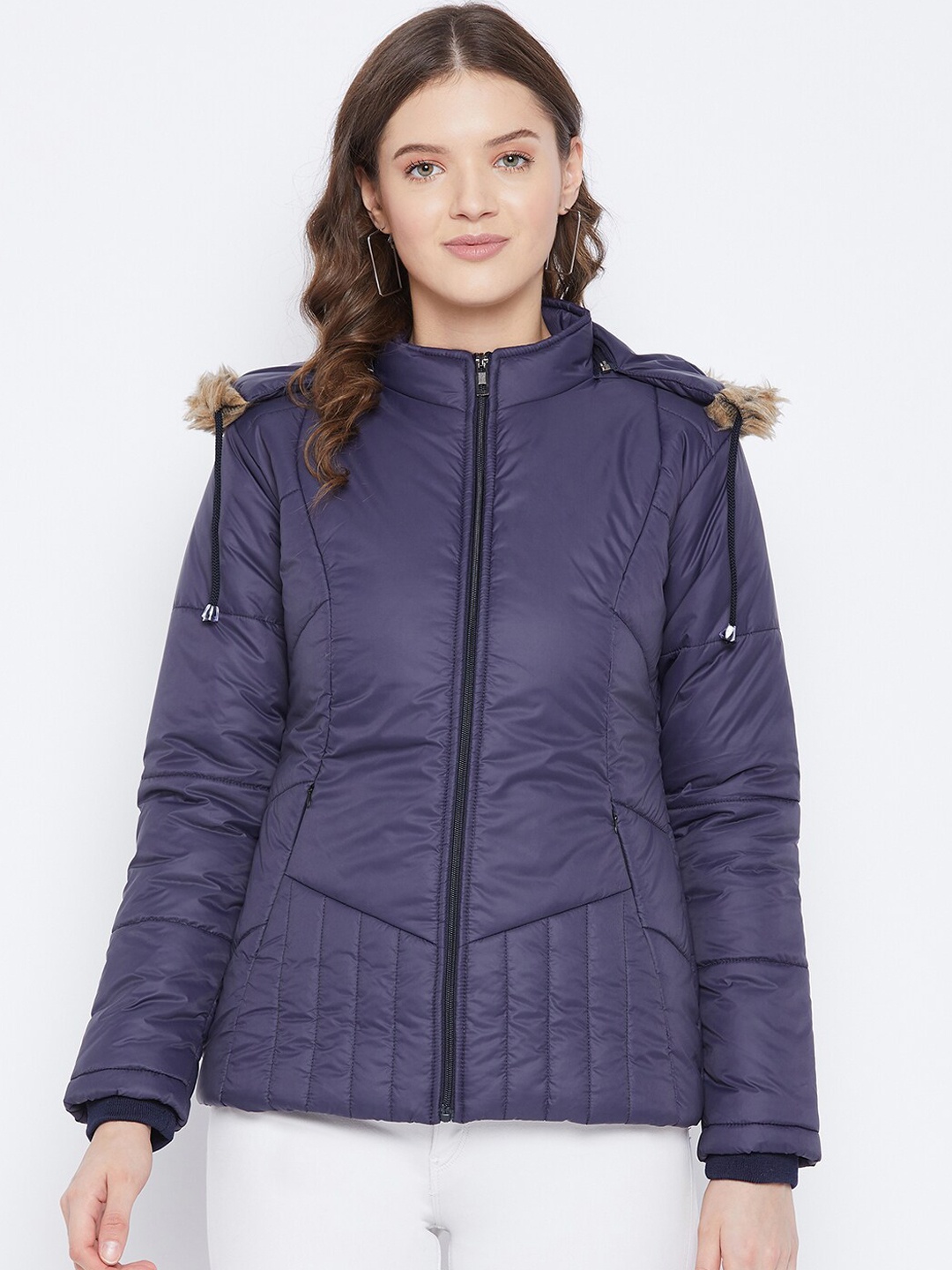 

VERO AMORE Women Navy Blue Hooded Insulator Longline Parka Jacket
