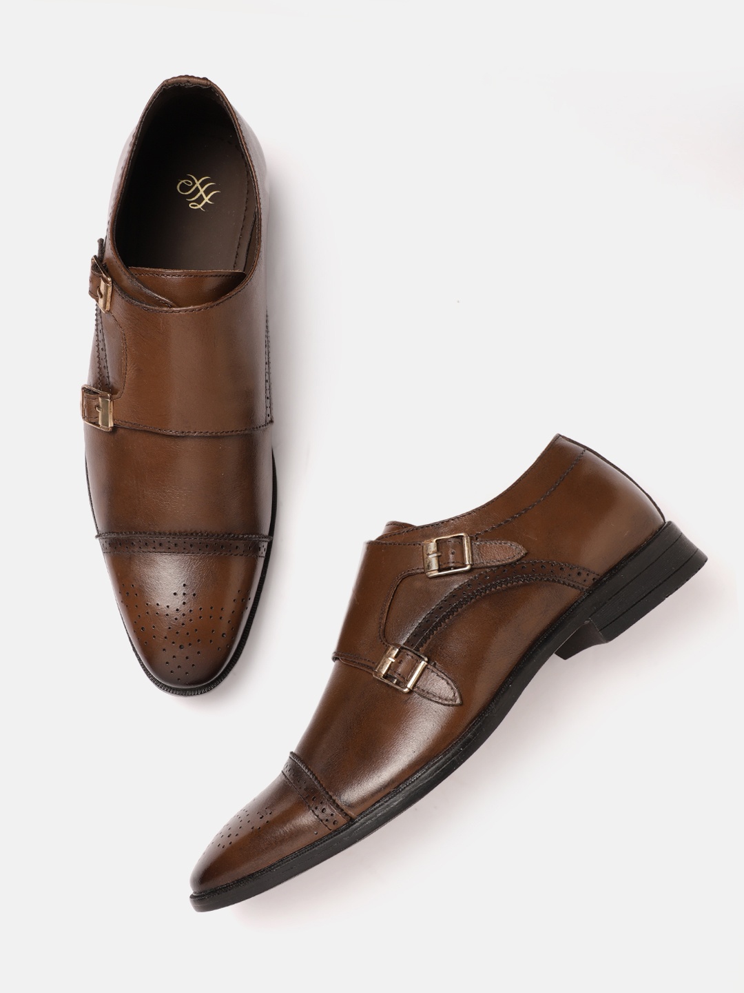 

House of Pataudi Men Brown Handcrafted Formal Monks