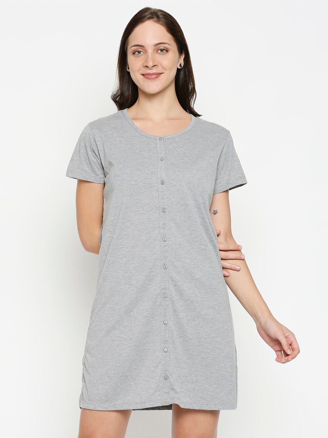 

XIN Grey Pure Cotton Round Neck Short Nightdress