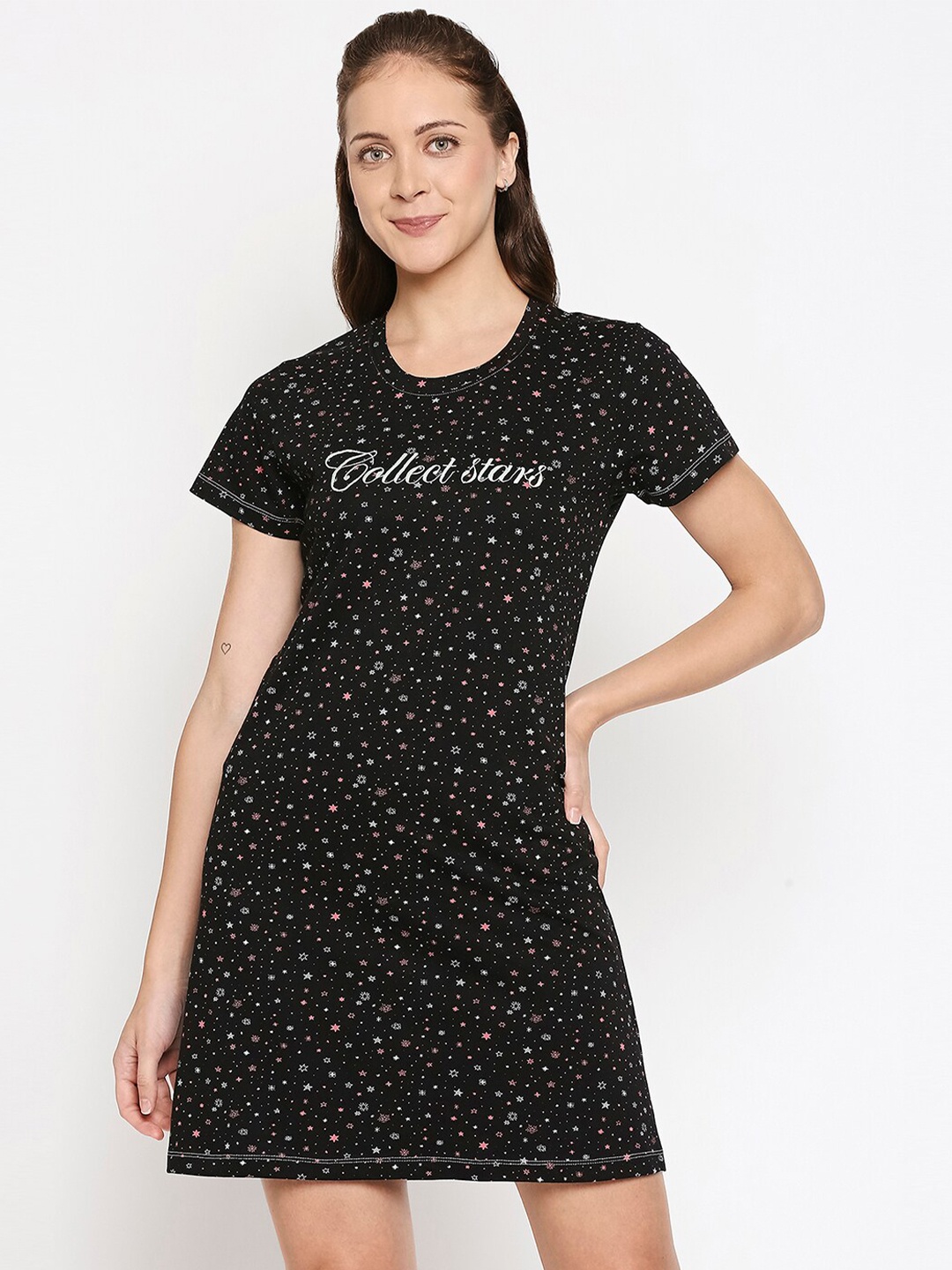 

XIN Black Printed Pure Cotton Nightdress