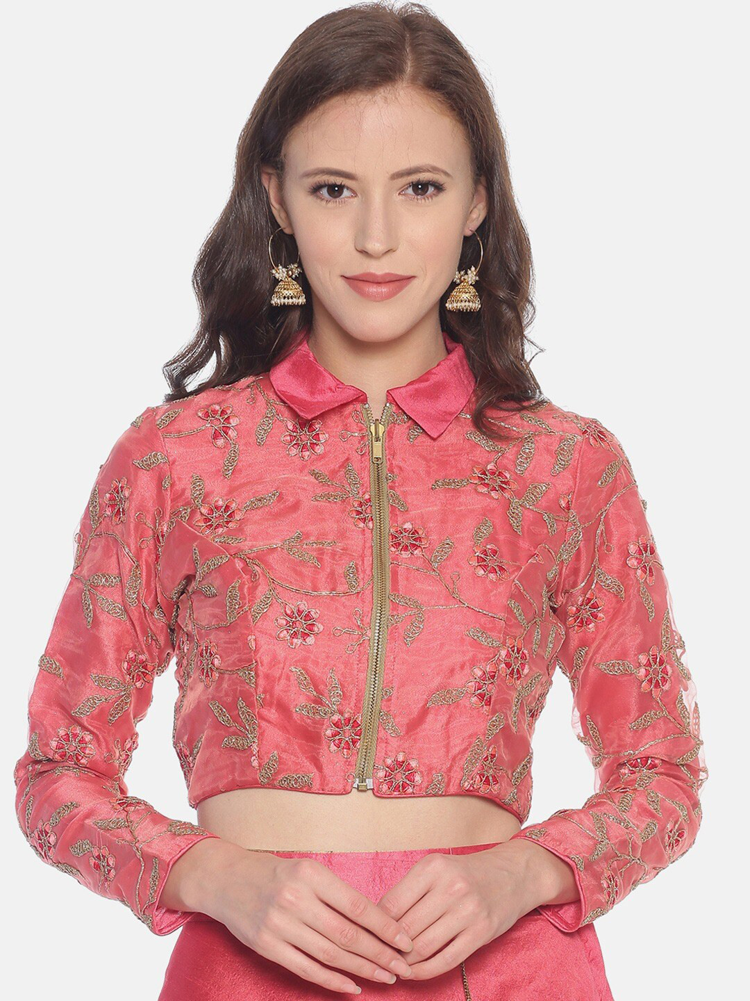

Ira Soleil Pink & russet Floral Shirt Style Crop Top