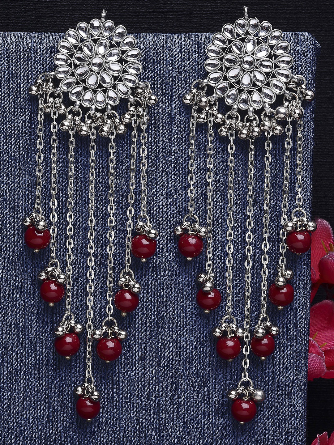 

KARATCART Red & Oxidised Silver-Plated Kundan Tassel Classic Drop Earrings