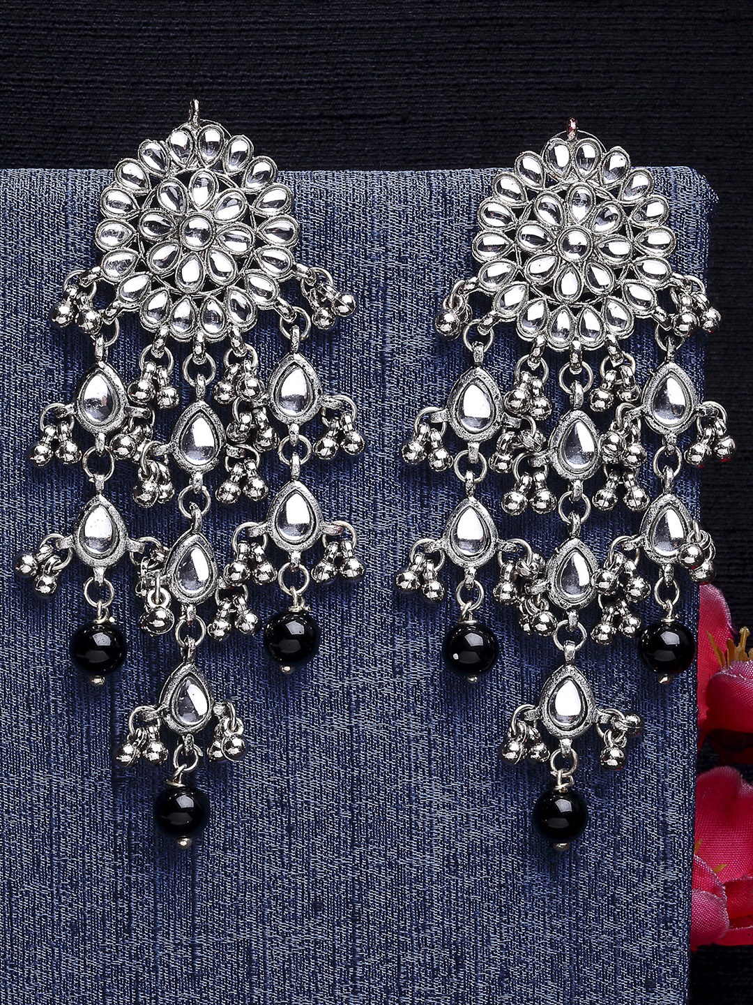 

KARATCART Silver-Plated Silver-Toned Oxidised Kundan Tassel Drop Earrings