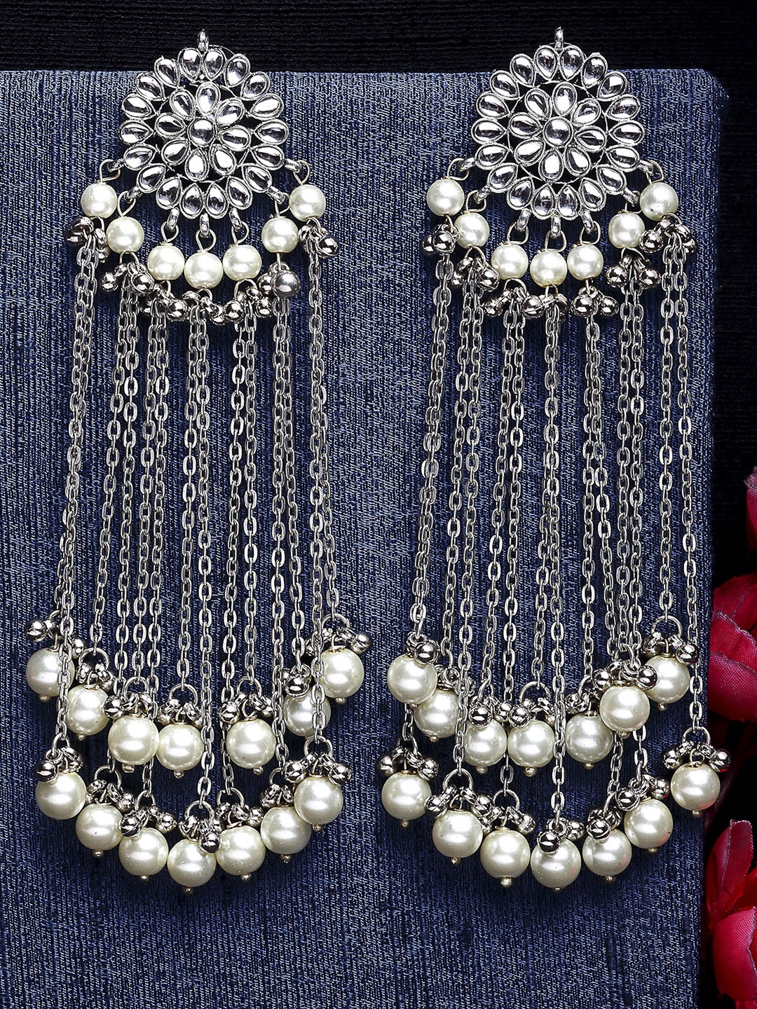 

KARATCART White Silver Toned Kundan Studded Classic Drop Earrings