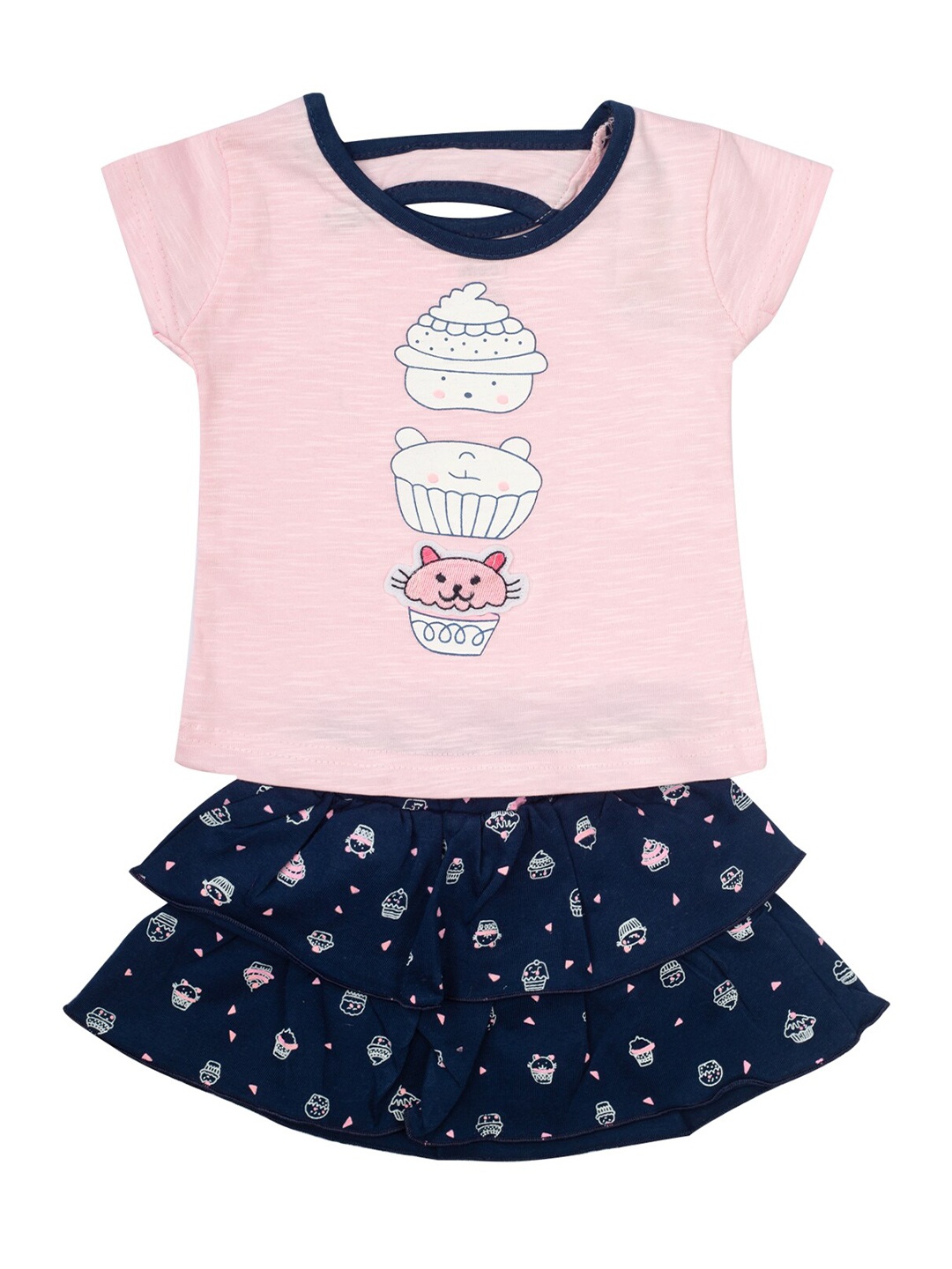 

MeeMee Girls Pink & Navy Blue Printed Pure Cotton T-Shirt With Skirt