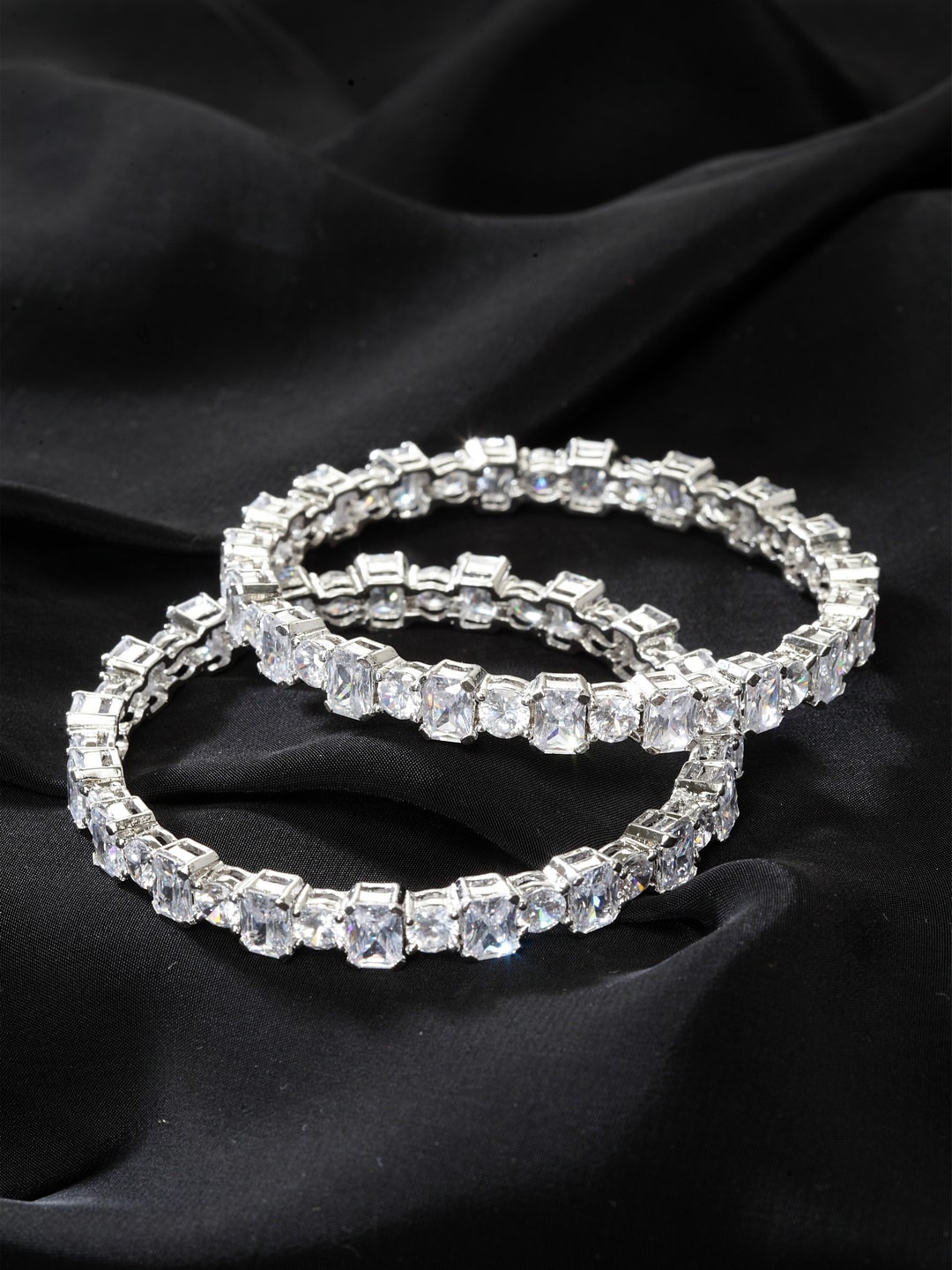 

PANASH Set of 2 Rhodium-Plated Silver-Toned White AD-Studded Bangles