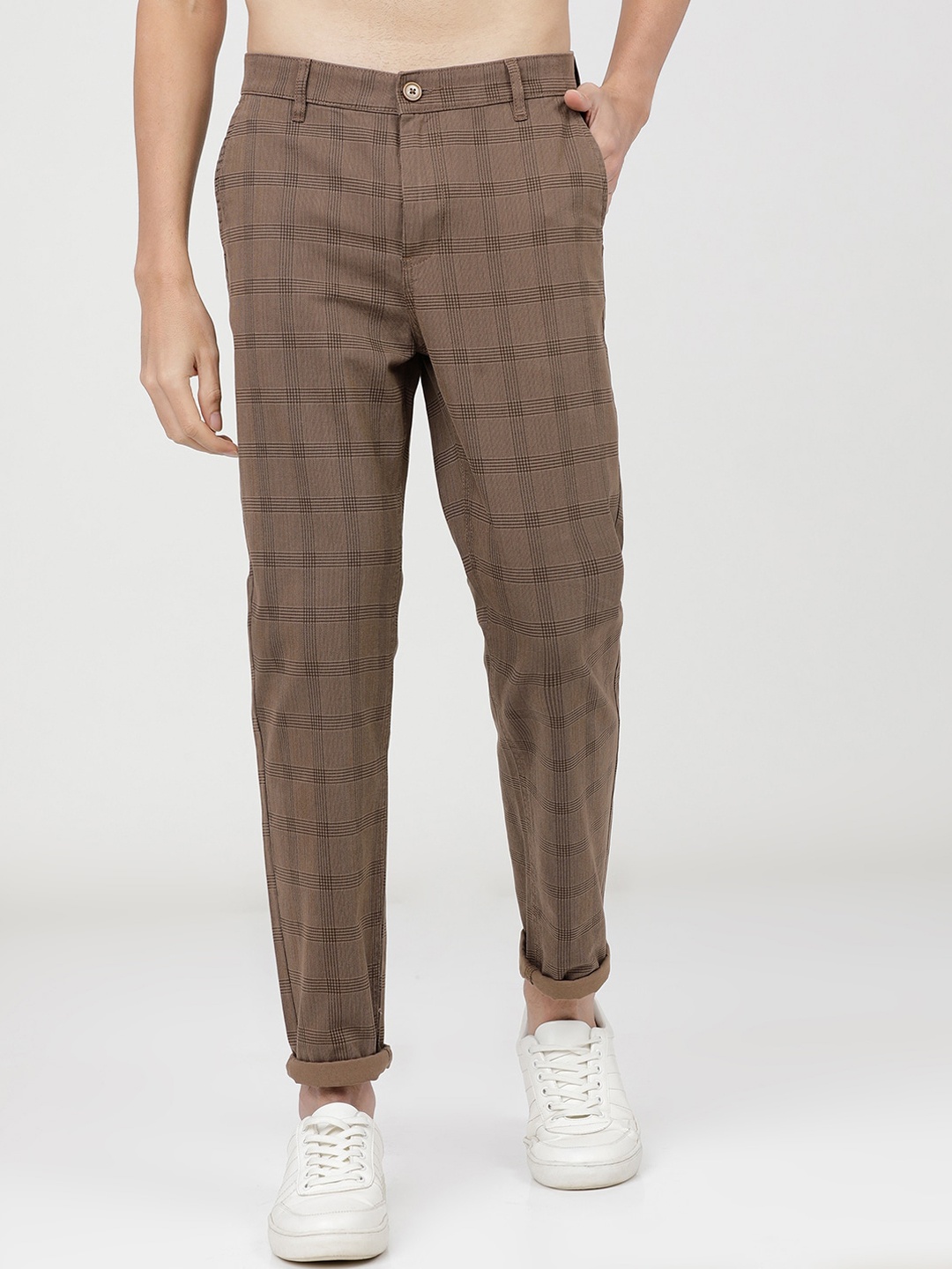 

KETCH Men Brown Checked Slim Fit Easy Wash Cotton Trousers