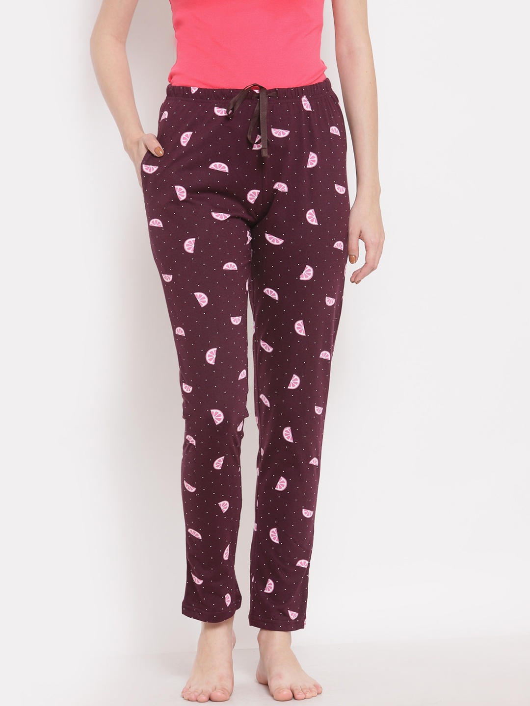 

Sweet Dreams Women Maroon & Pink Printed Straight Cotton Lounge Pants
