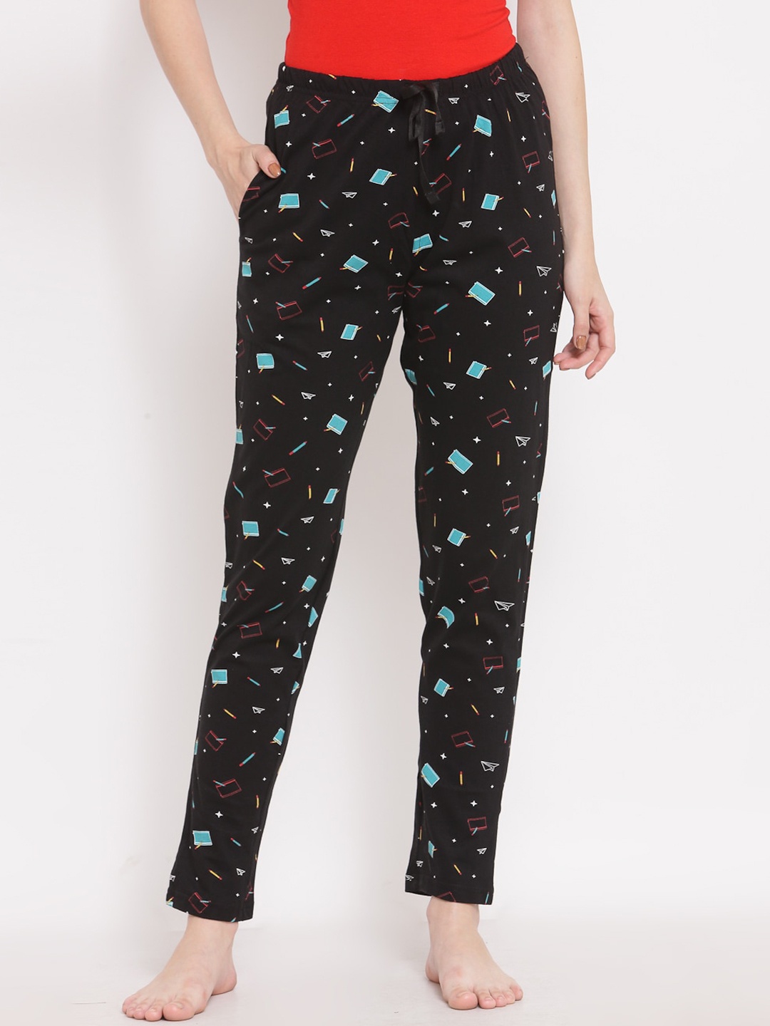 

Sweet Dreams Women Black & Blue Printed Cotton Lounge Pants