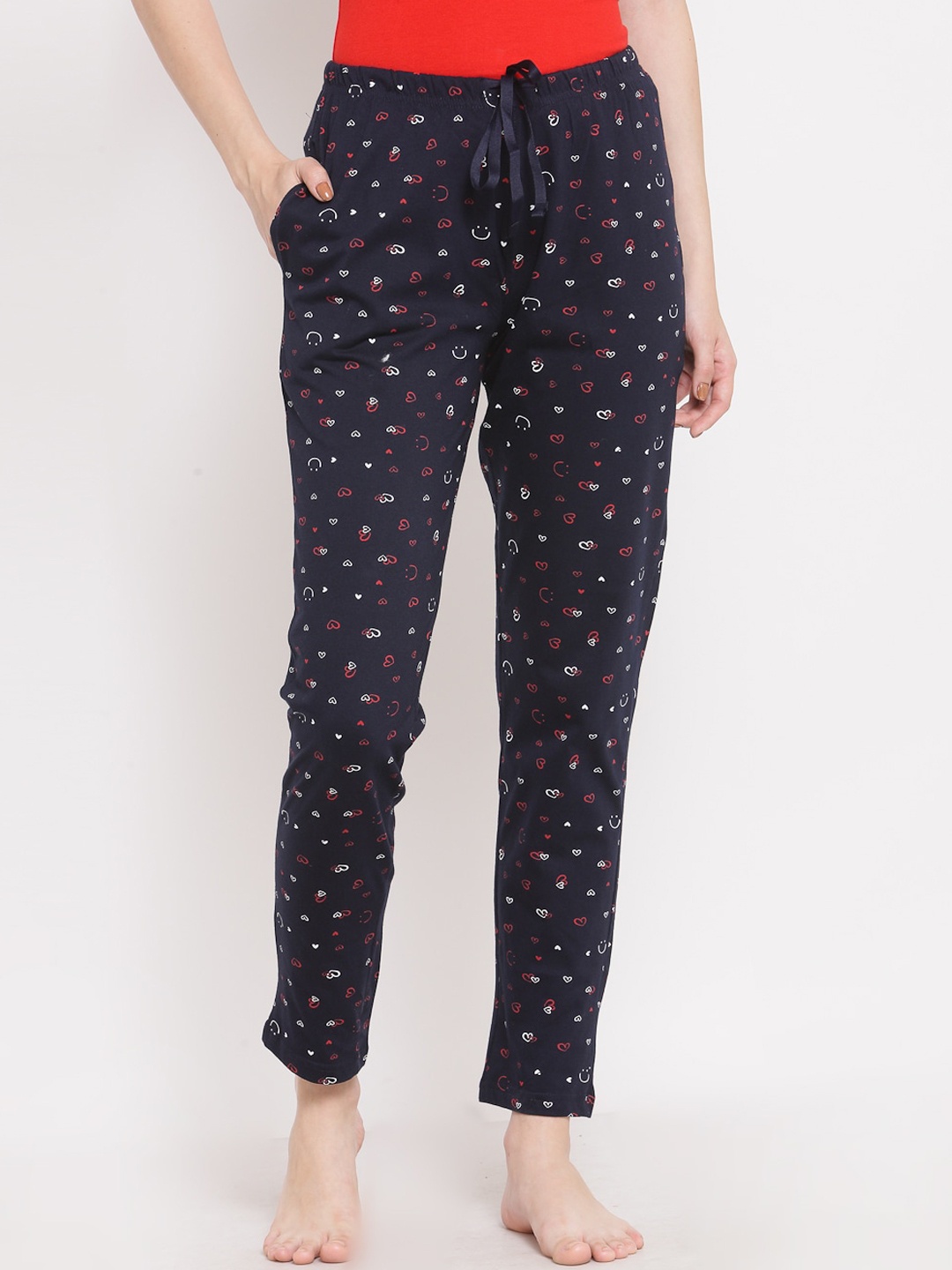 

Sweet Dreams Women Navy Blue & White Printed Cotton Straight Lounge Pants