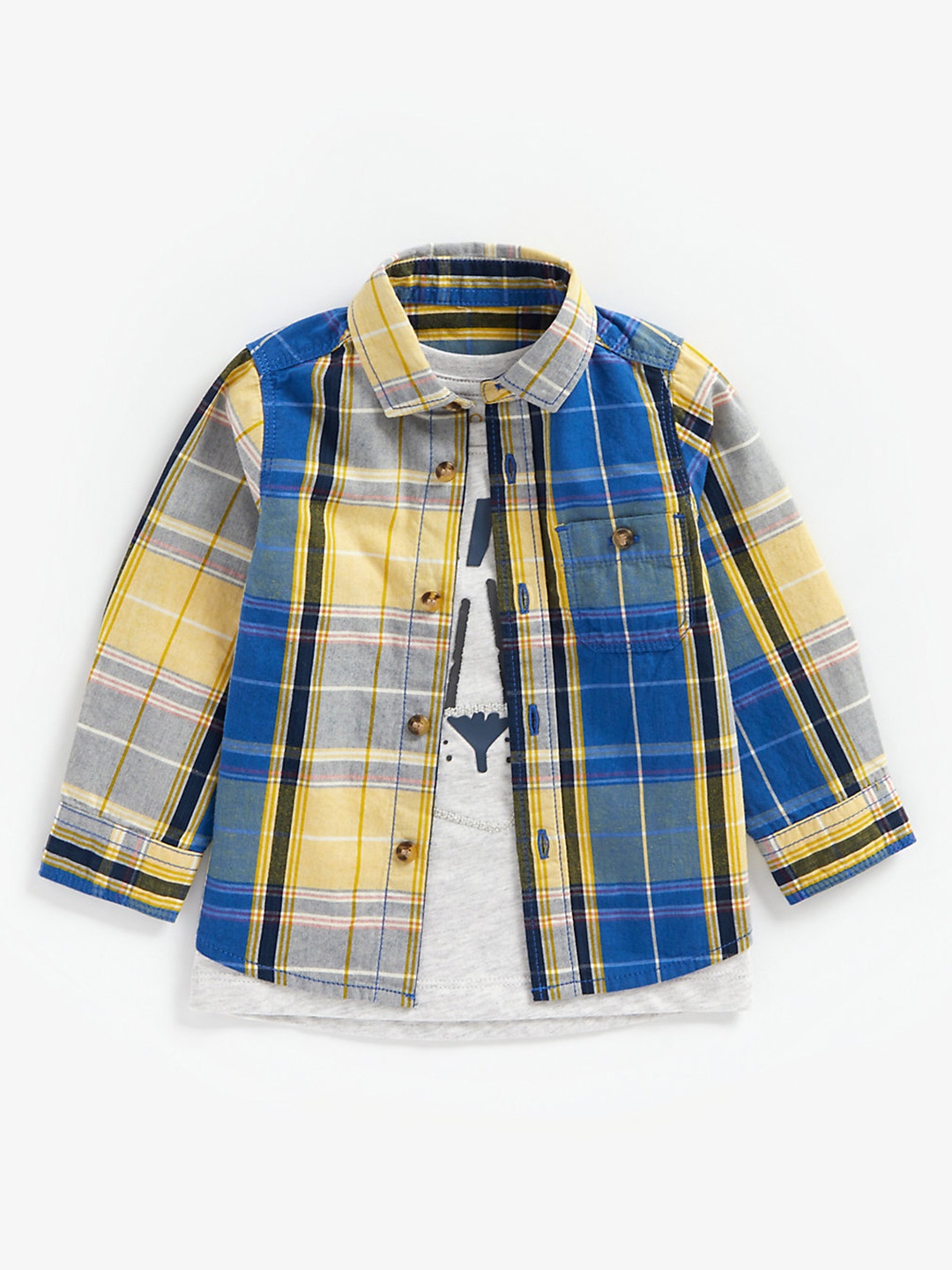 

mothercare Boys Blue & Yellow Pure Cotton Tartan Checked Casual Shirt with T-shirt