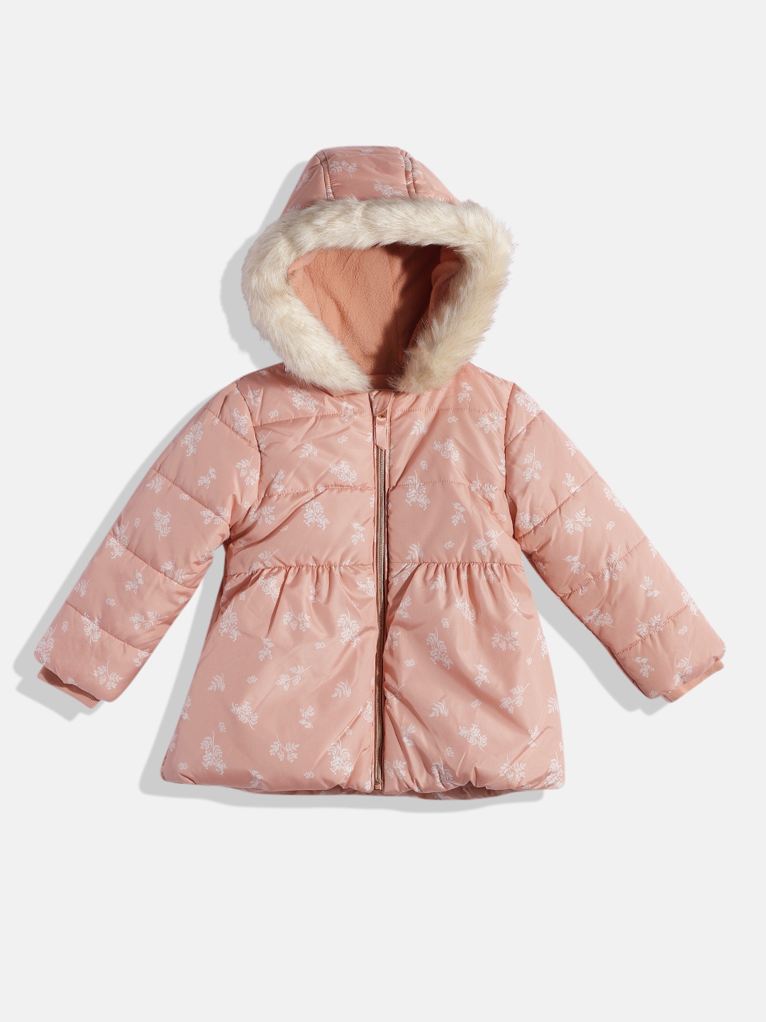 

mothercare Infant Girls Floral Print Hooded Padded Jacket, Peach