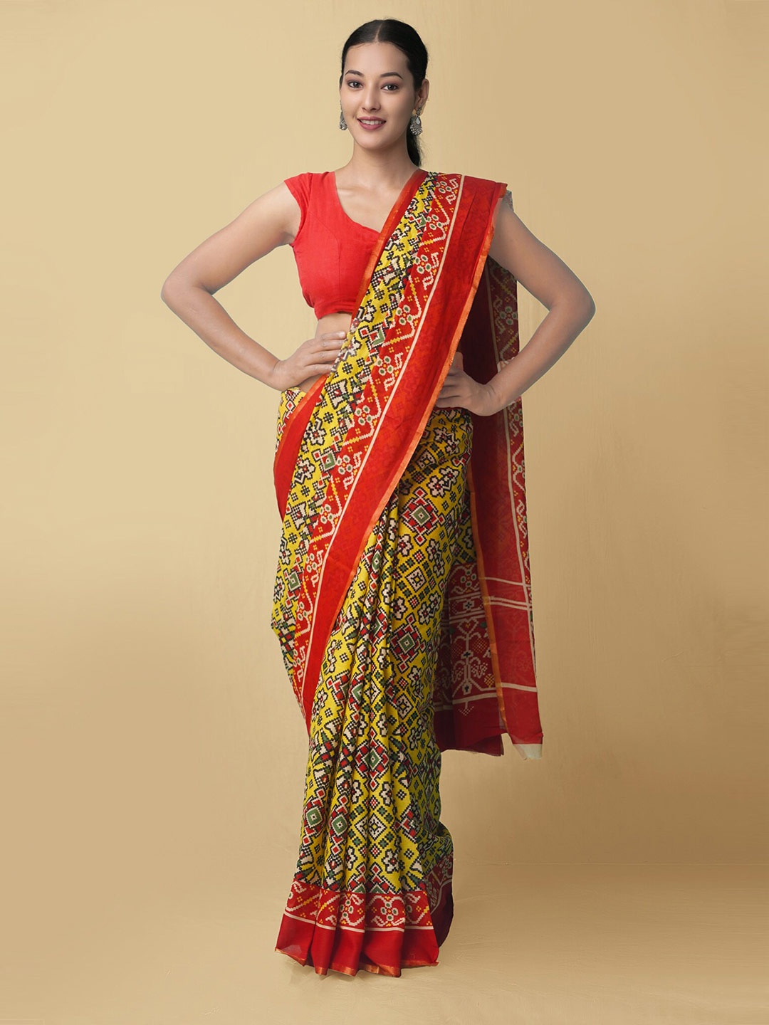 

Unnati Silks Women Yellow & Red Pure Ajrakh Mulmul Cotton Sustainable Saree